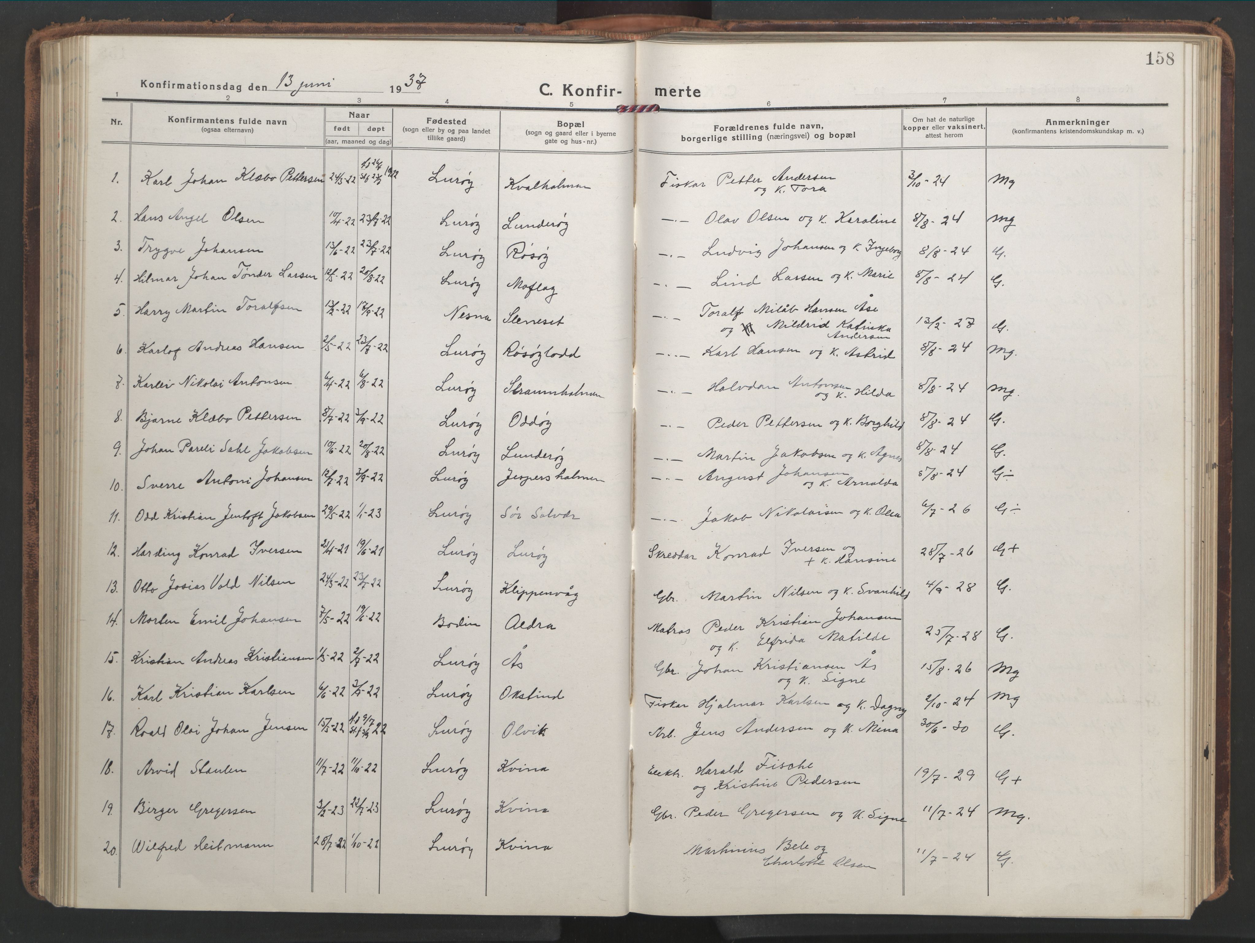 Ministerialprotokoller, klokkerbøker og fødselsregistre - Nordland, SAT/A-1459/839/L0574: Parish register (copy) no. 839C04, 1918-1950, p. 158