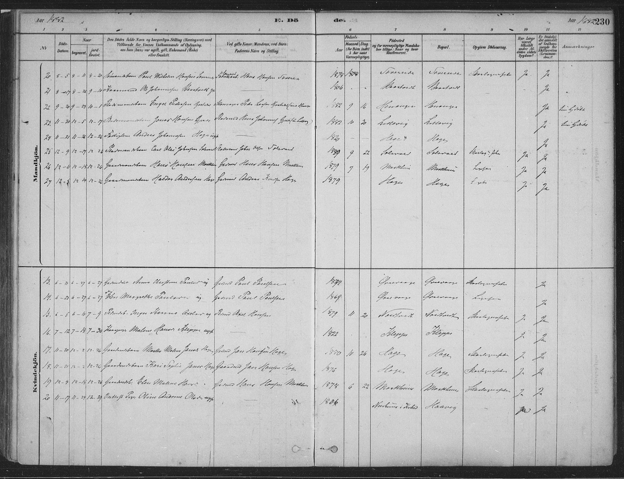 Fusa sokneprestembete, SAB/A-75401/H/Haa: Parish register (official) no. D 1, 1880-1938, p. 230