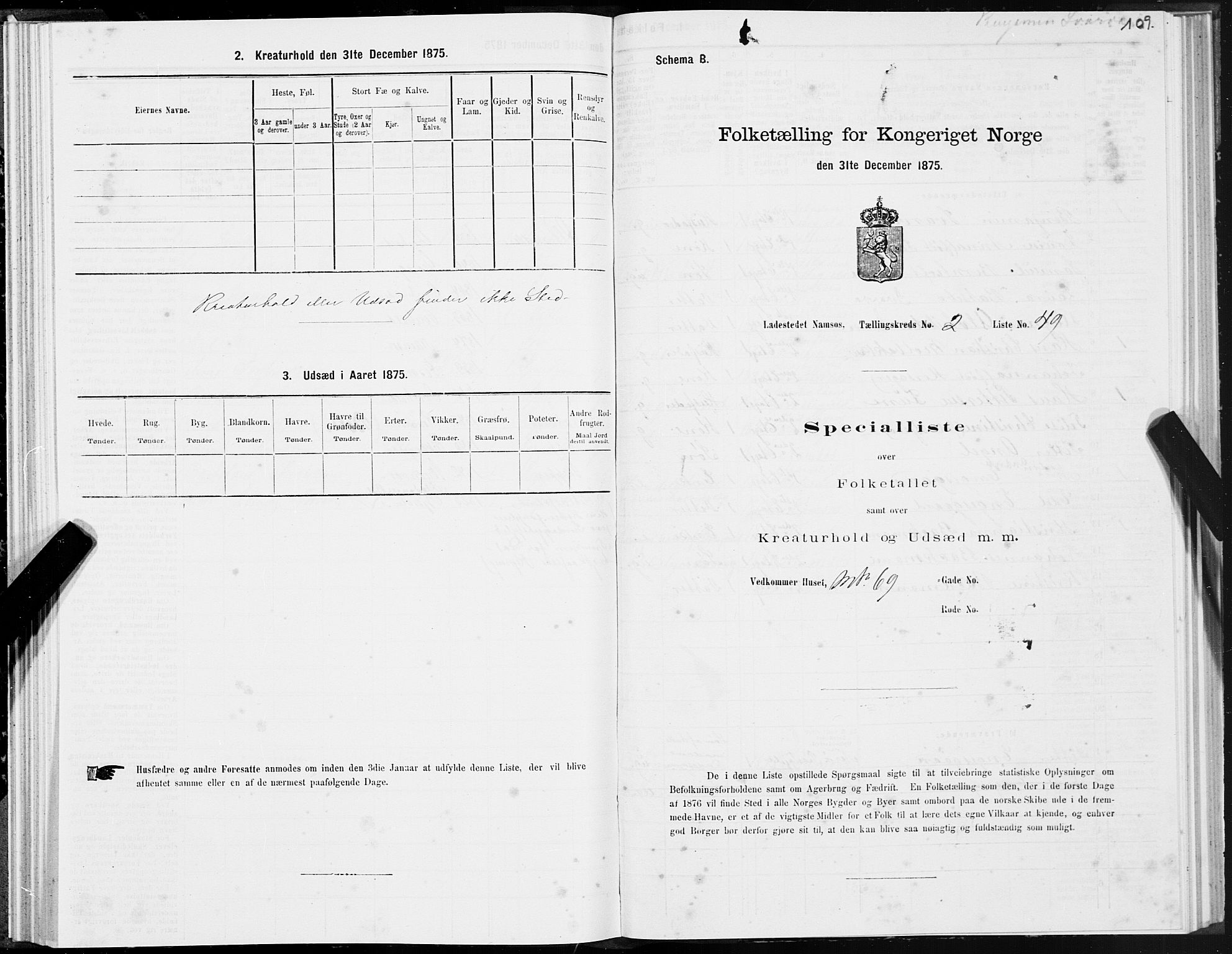 SAT, 1875 census for 1703B Namsos/Namsos, 1875, p. 109