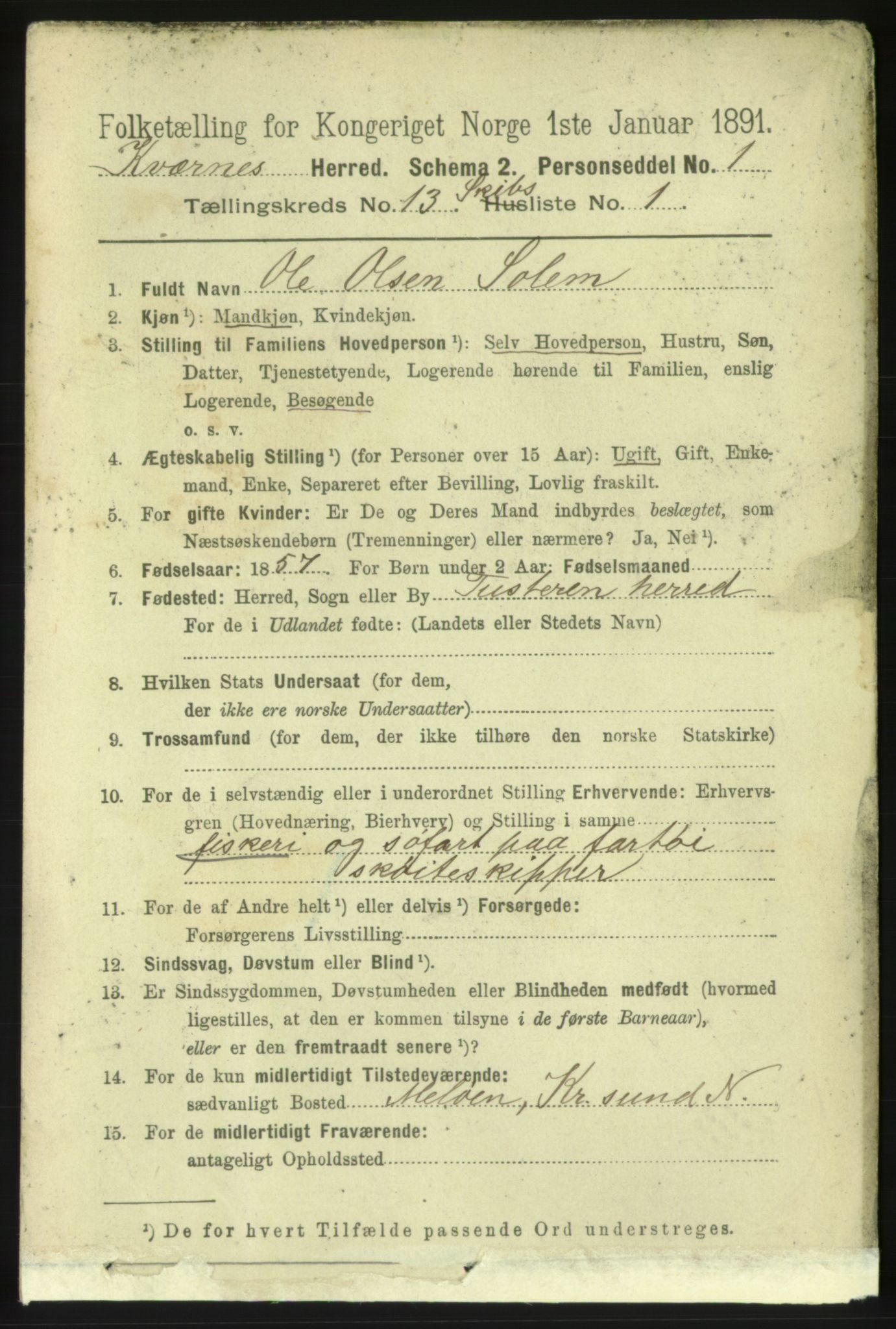 RA, 1891 census for 1553 Kvernes, 1891, p. 5425