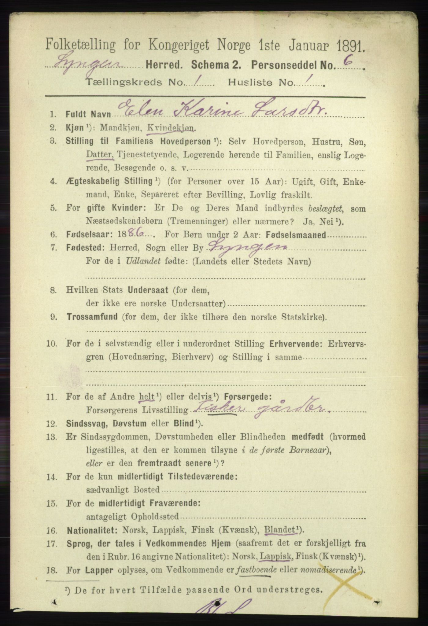 RA, 1891 census for 1938 Lyngen, 1891, p. 279