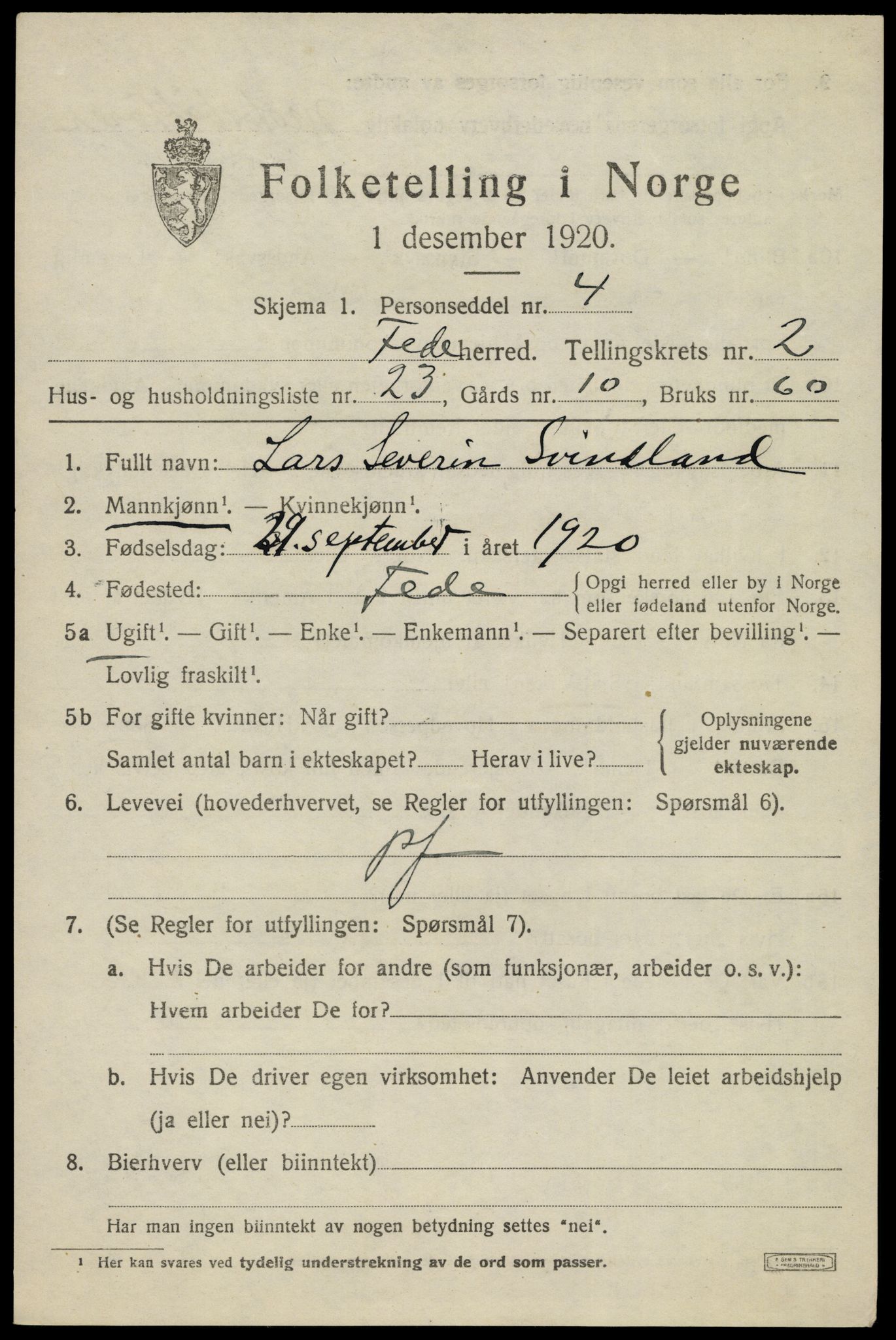 SAK, 1920 census for Feda, 1920, p. 1157