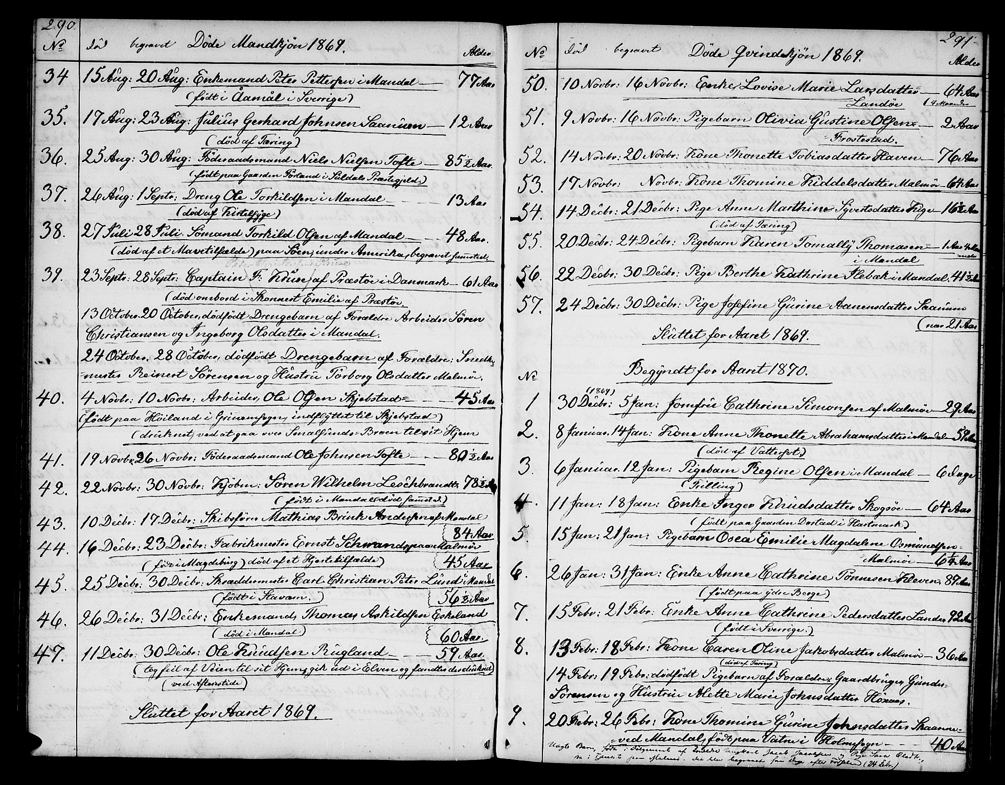 Mandal sokneprestkontor, SAK/1111-0030/F/Fb/Fba/L0009: Parish register (copy) no. B 3, 1867-1877, p. 290-291