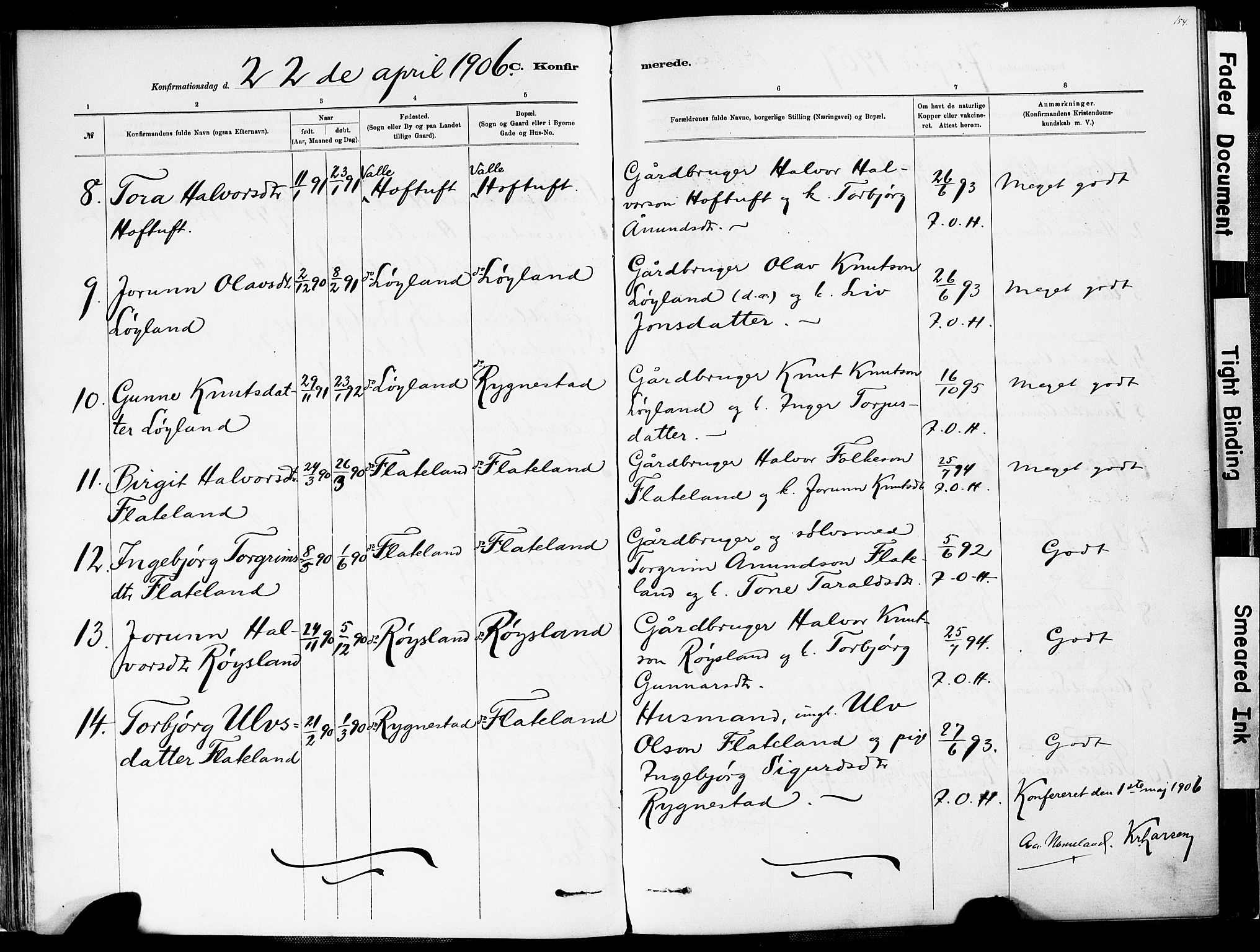 Valle sokneprestkontor, AV/SAK-1111-0044/F/Fa/Fac/L0009: Parish register (official) no. A 9, 1882-1913, p. 154