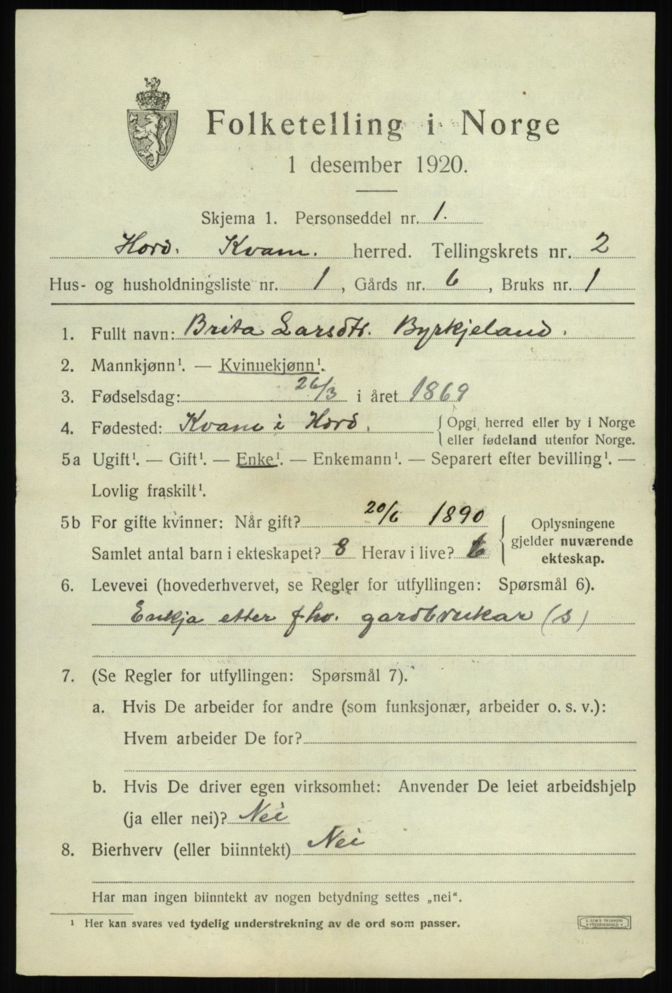 SAB, 1920 census for Kvam, 1920, p. 1787