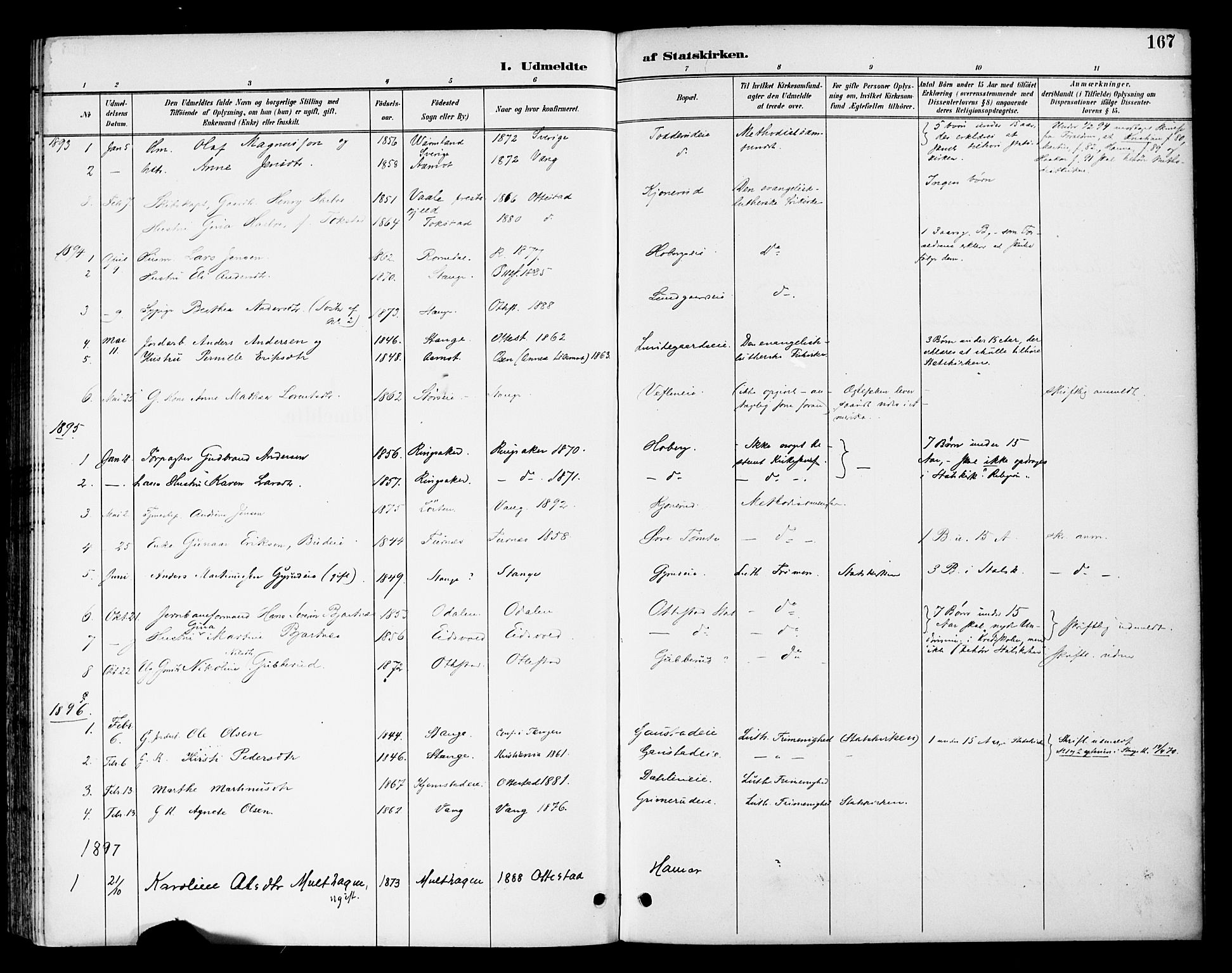 Stange prestekontor, SAH/PREST-002/K/L0021: Parish register (official) no. 21, 1891-1902, p. 167