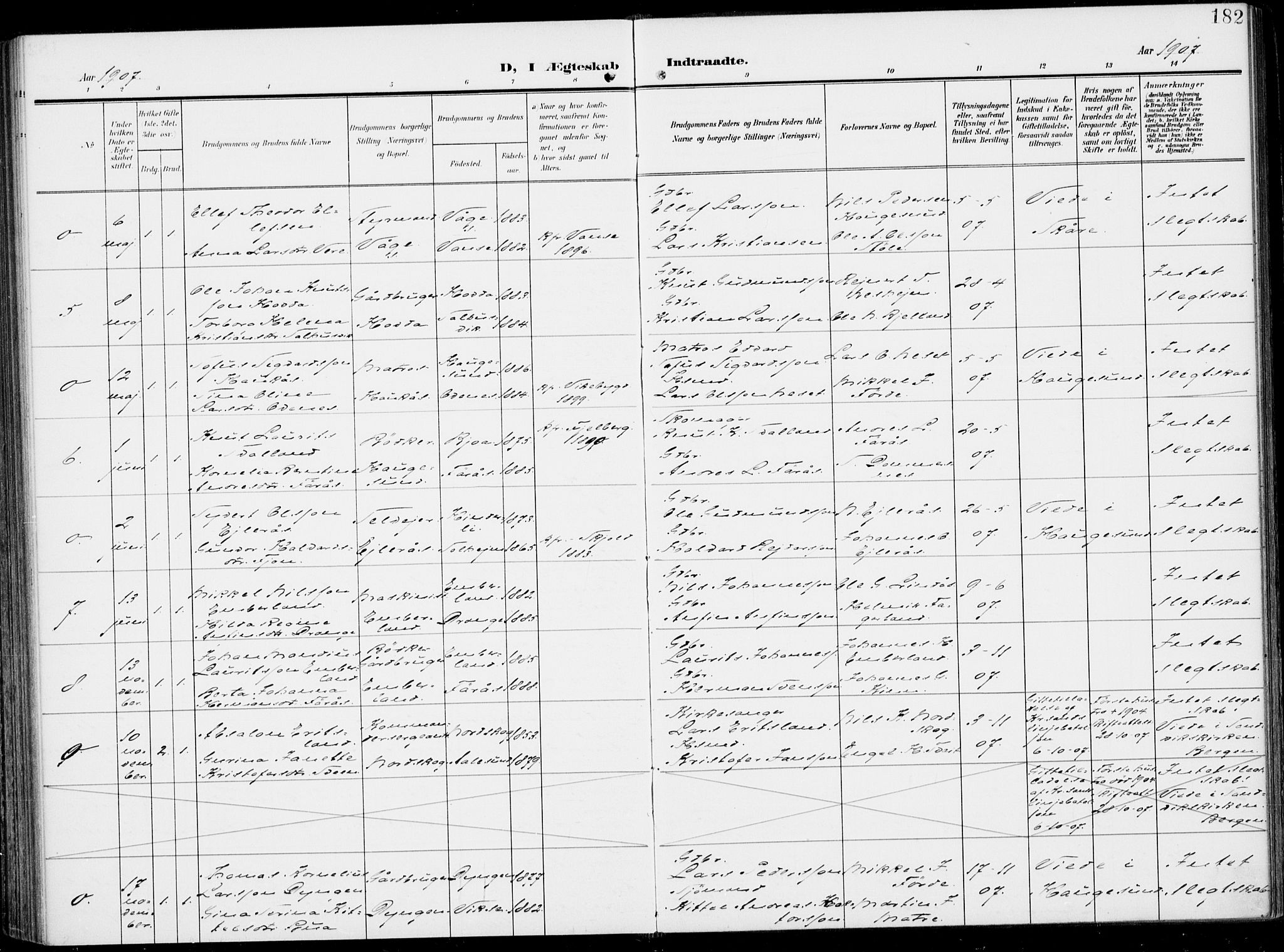 Sveio Sokneprestembete, AV/SAB-A-78501/H/Haa: Parish register (official) no. B  4, 1906-1919, p. 182