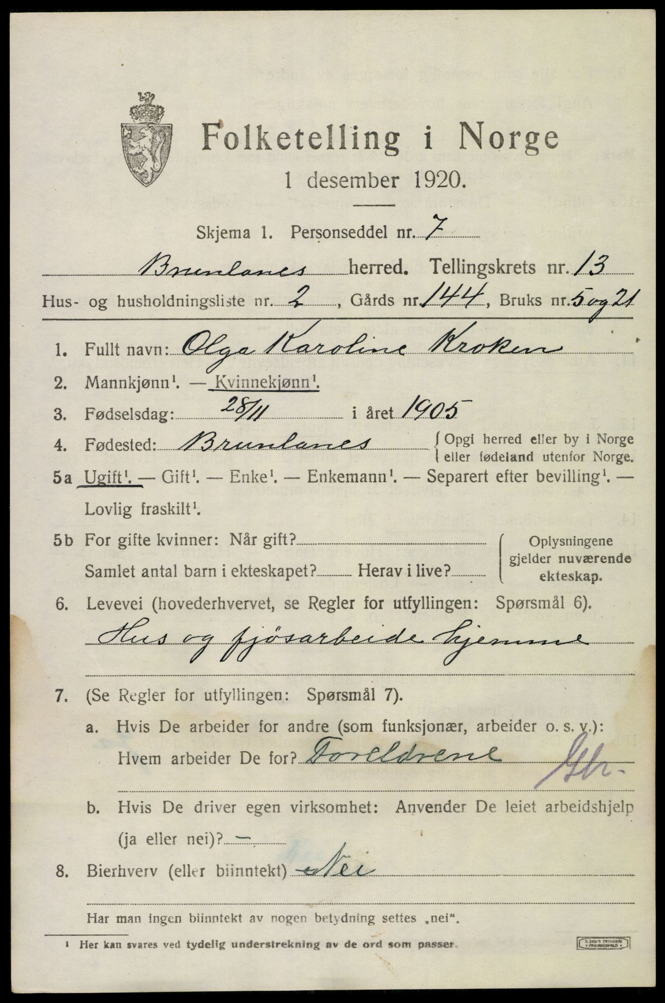 SAKO, 1920 census for Brunlanes, 1920, p. 10811