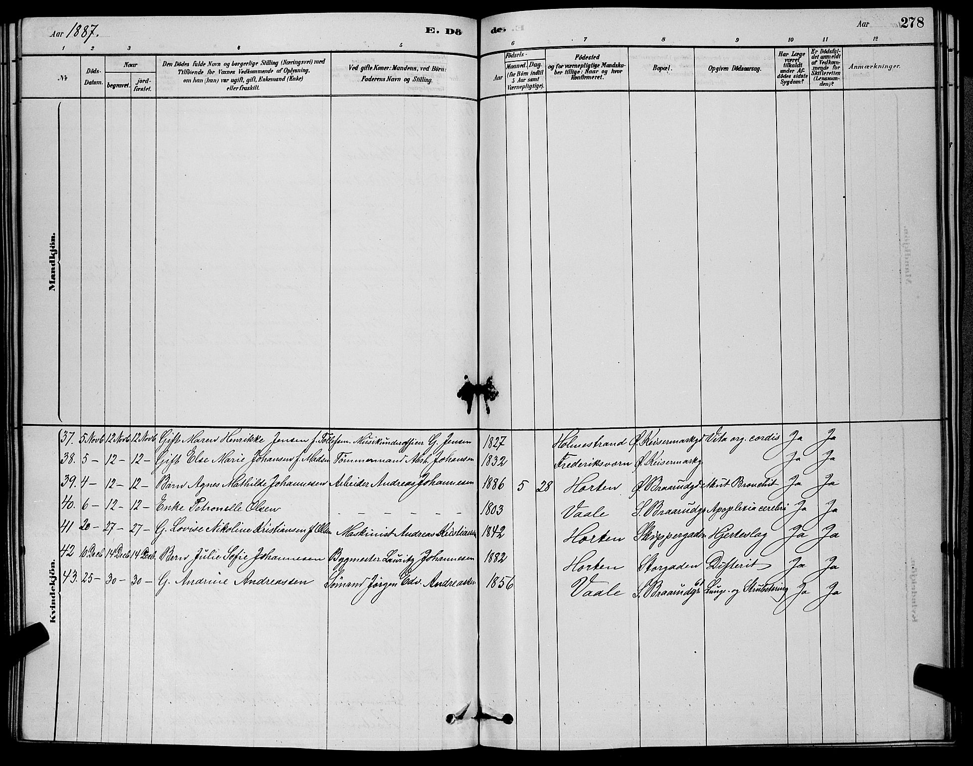 Horten kirkebøker, SAKO/A-348/G/Ga/L0003: Parish register (copy) no. 4, 1878-1887, p. 278