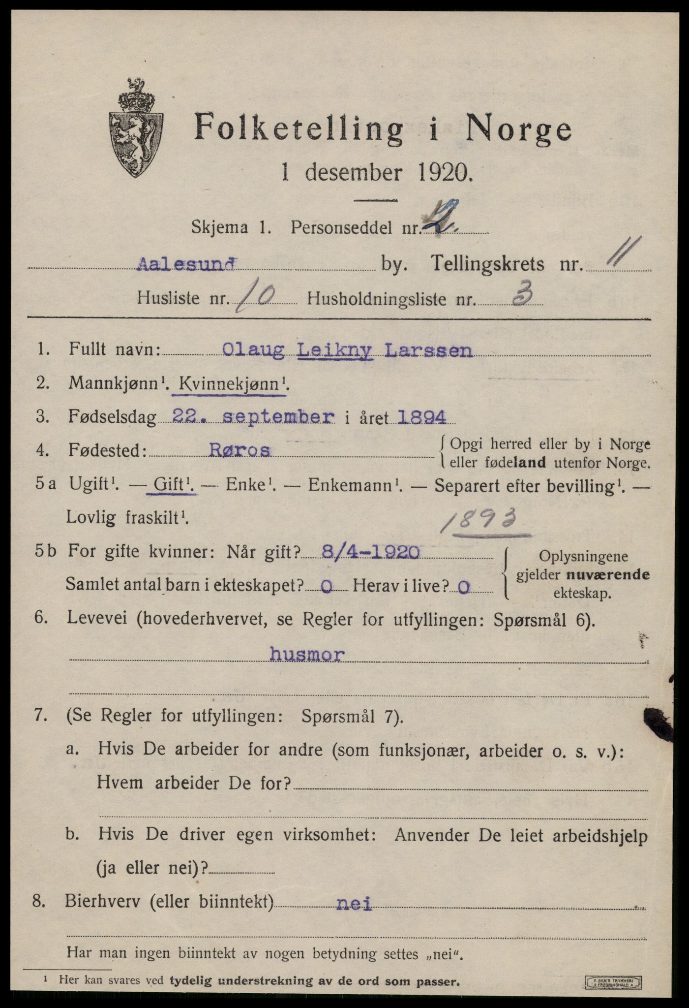 SAT, 1920 census for Ålesund, 1920, p. 24918