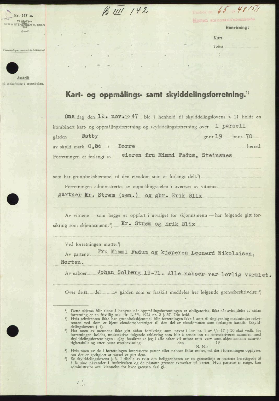 Horten sorenskriveri, AV/SAKO-A-133/G/Ga/Gaa/L0010: Mortgage book no. A-10, 1947-1948, Diary no: : 65/1948