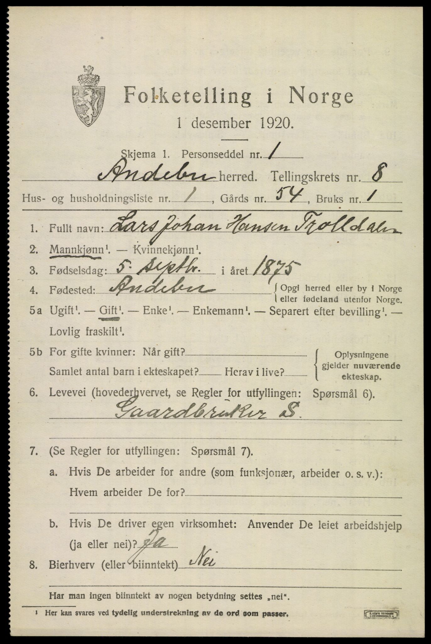 SAKO, 1920 census for Andebu, 1920, p. 3490