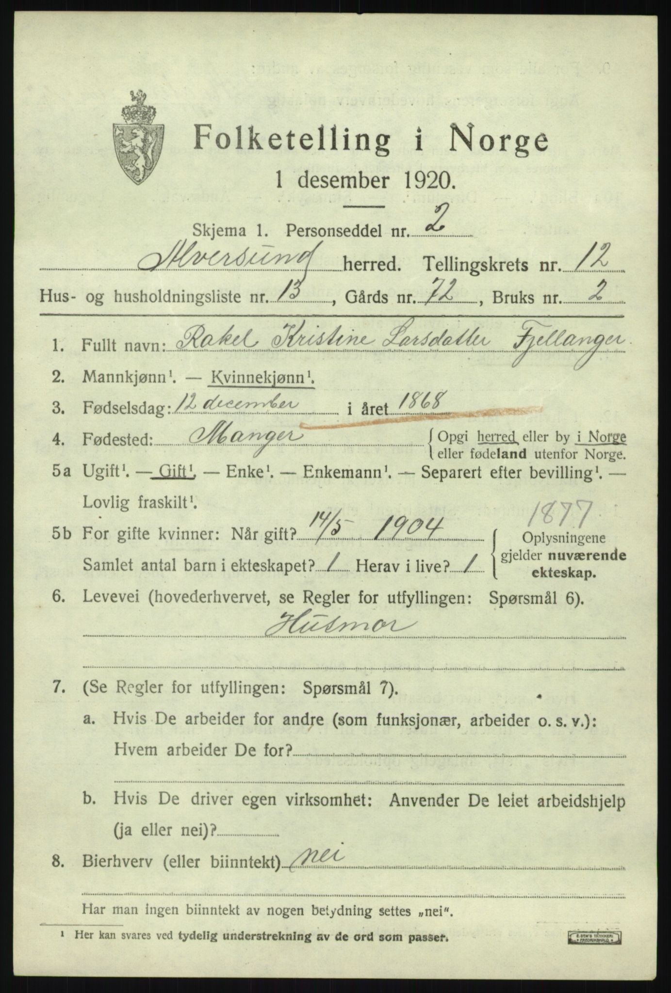 SAB, 1920 census for Alversund, 1920, p. 7144