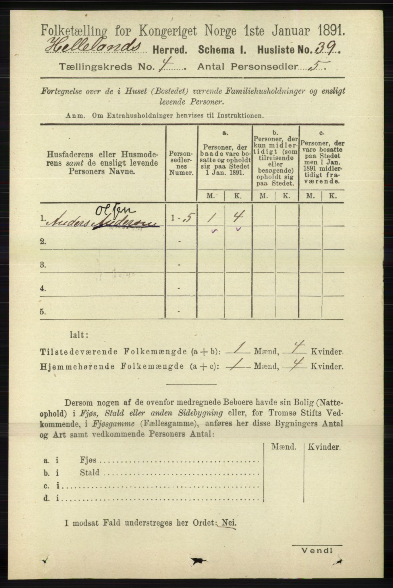 RA, 1891 census for 1115 Helleland, 1891, p. 1150