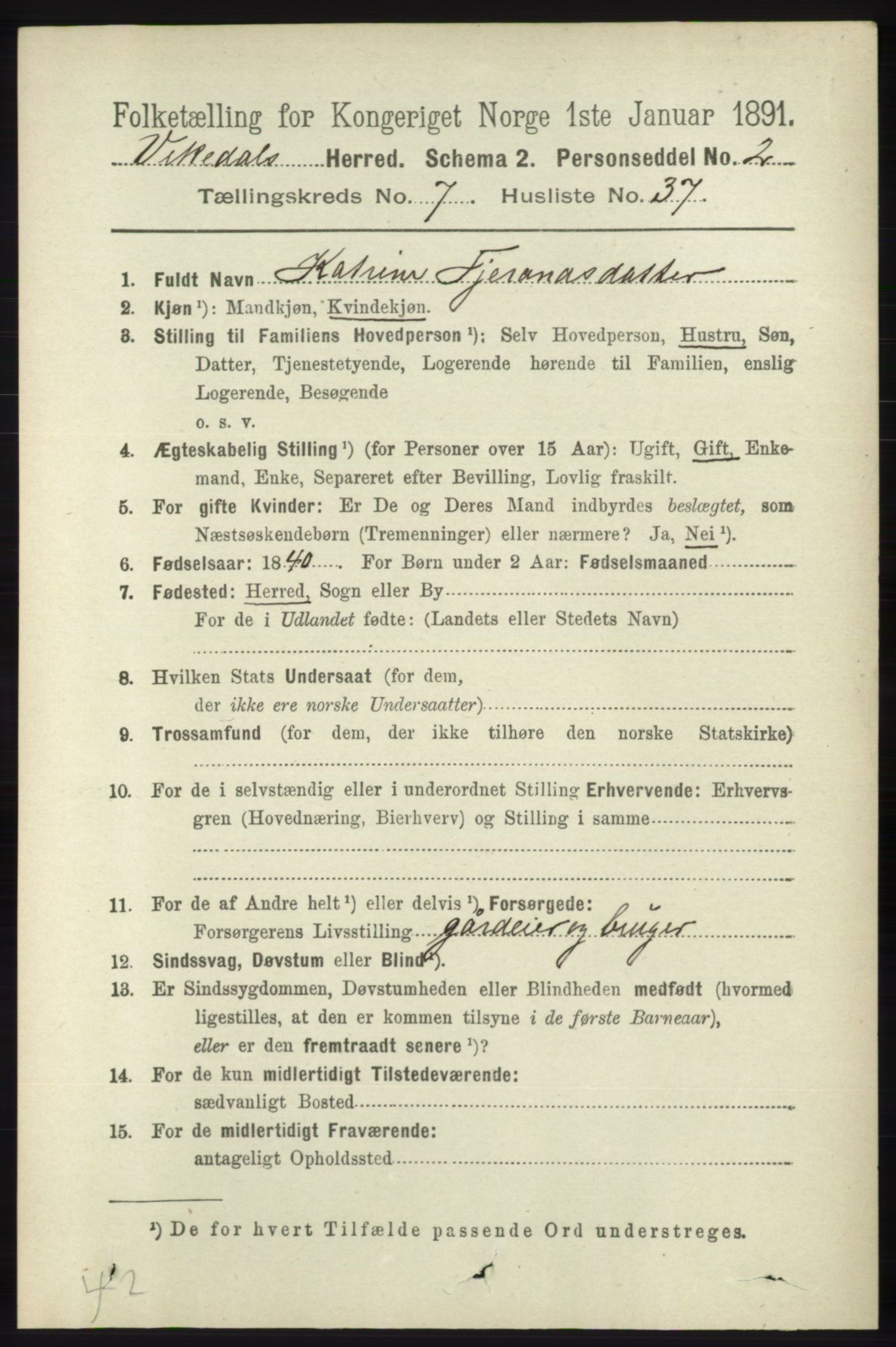 RA, 1891 census for 1157 Vikedal, 1891, p. 2187