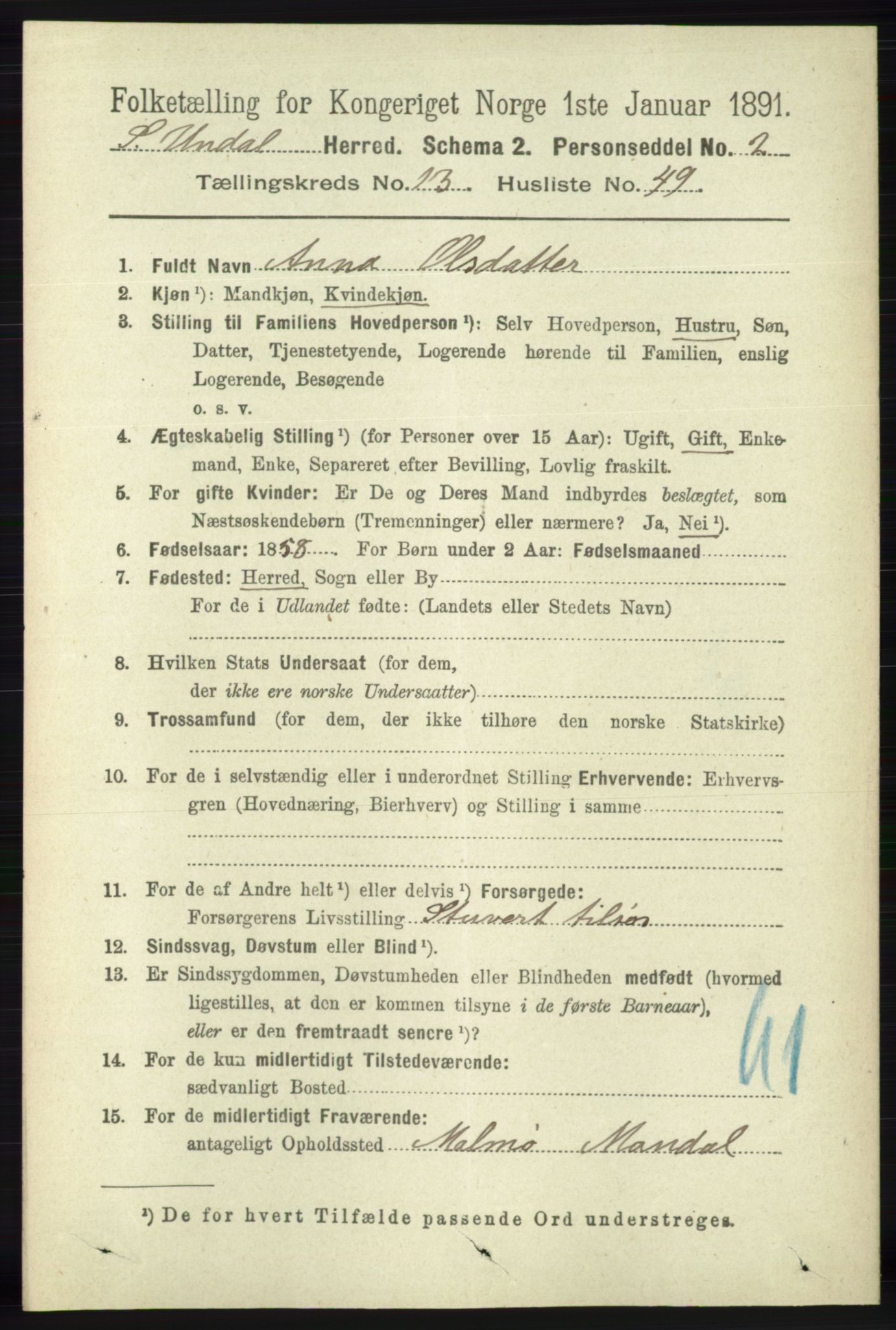 RA, 1891 census for 1029 Sør-Audnedal, 1891, p. 6031