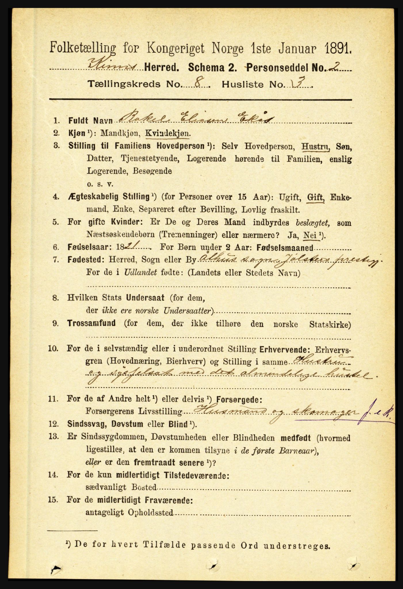 RA, 1891 census for 1437 Kinn, 1891, p. 3122