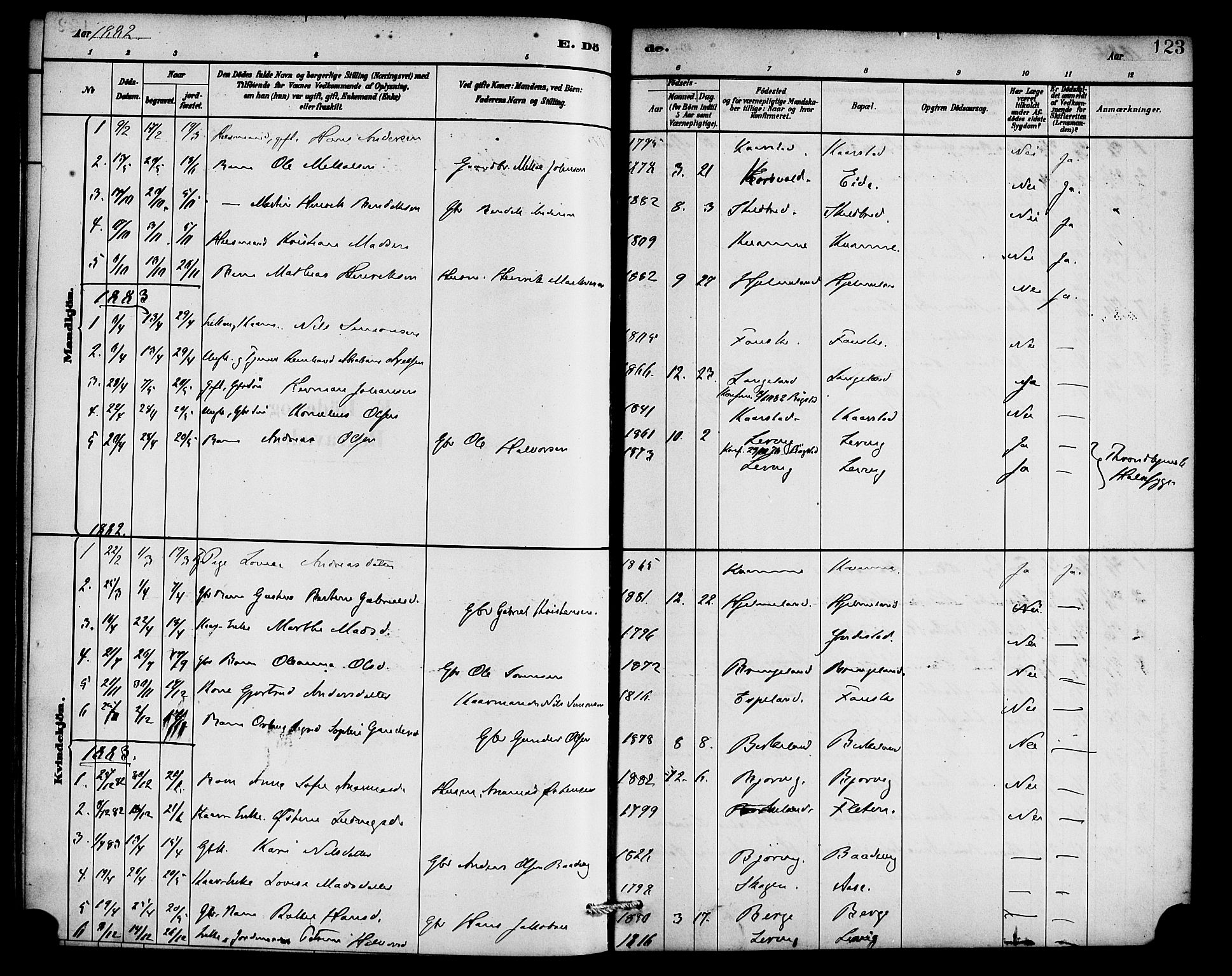 Gaular sokneprestembete, AV/SAB-A-80001/H/Haa: Parish register (official) no. C 1, 1882-1897, p. 123