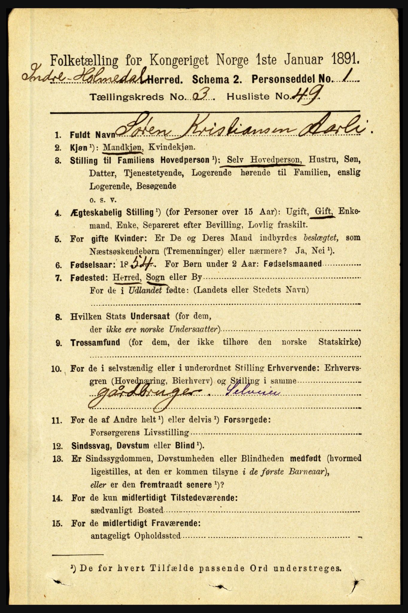 RA, 1891 census for 1430 Indre Holmedal, 1891, p. 1250