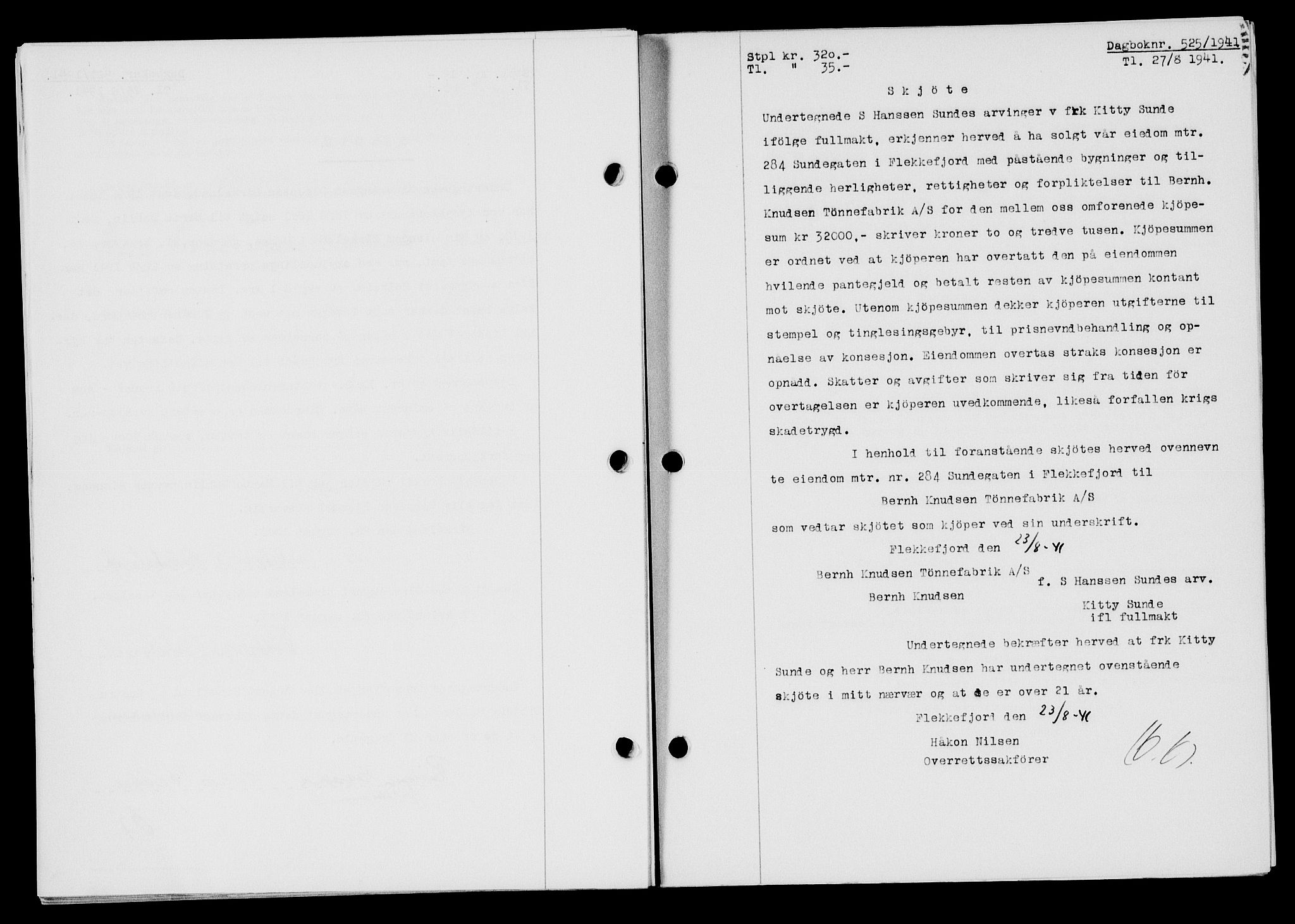 Flekkefjord sorenskriveri, SAK/1221-0001/G/Gb/Gba/L0057: Mortgage book no. A-5, 1941-1942, Diary no: : 525/1941