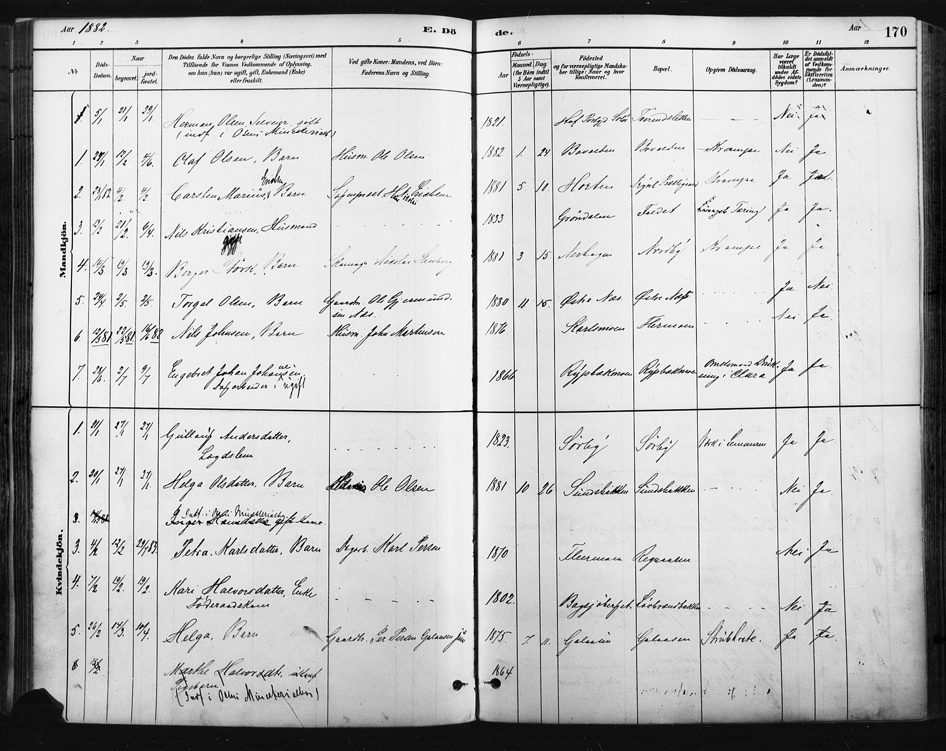 Trysil prestekontor, SAH/PREST-046/H/Ha/Haa/L0009: Parish register (official) no. 9, 1881-1897, p. 170