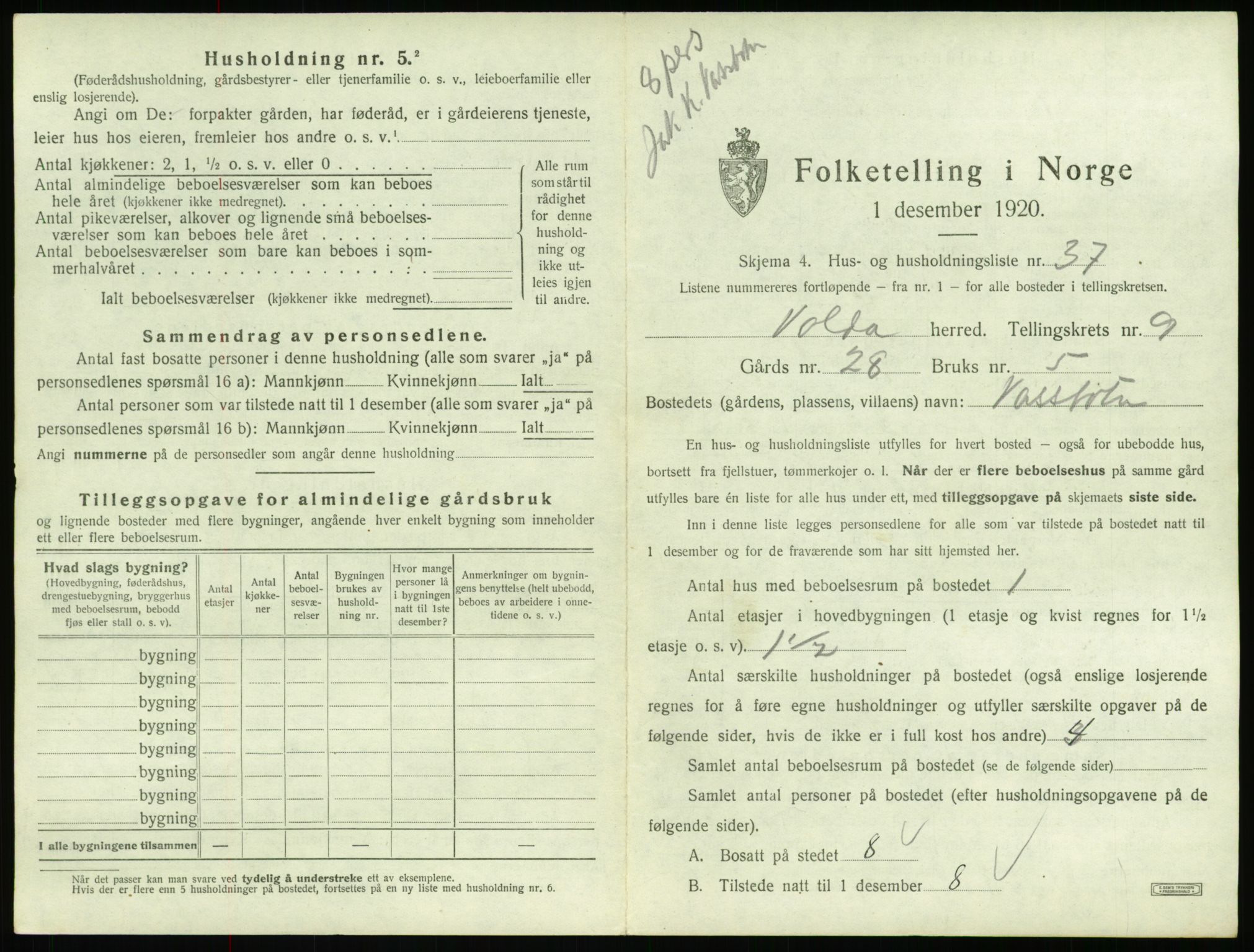 SAT, 1920 census for Volda, 1920, p. 842