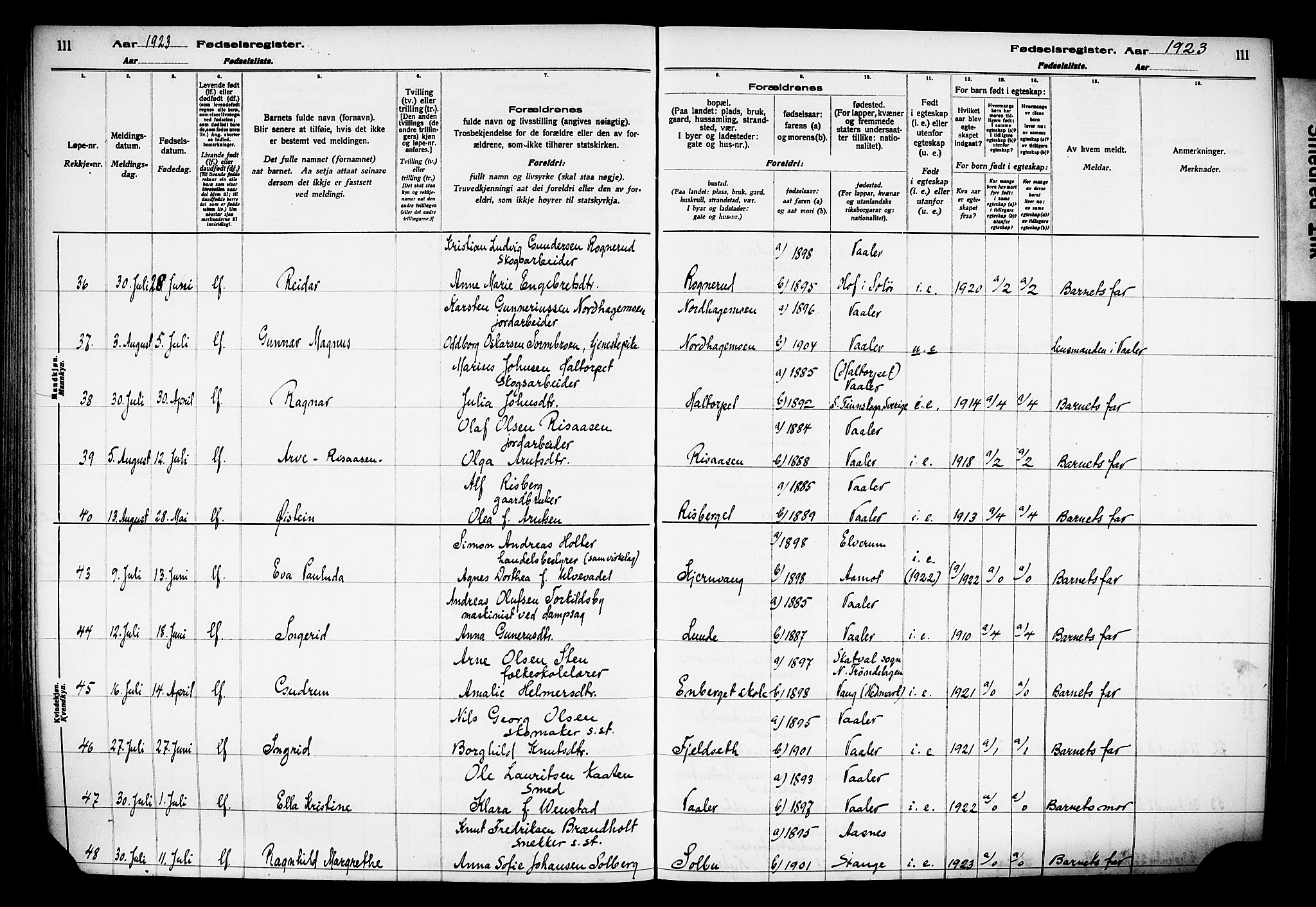 Våler prestekontor, Hedmark, AV/SAH-PREST-040/I/Id/L0001: Birth register no. 1, 1916-1930, p. 111