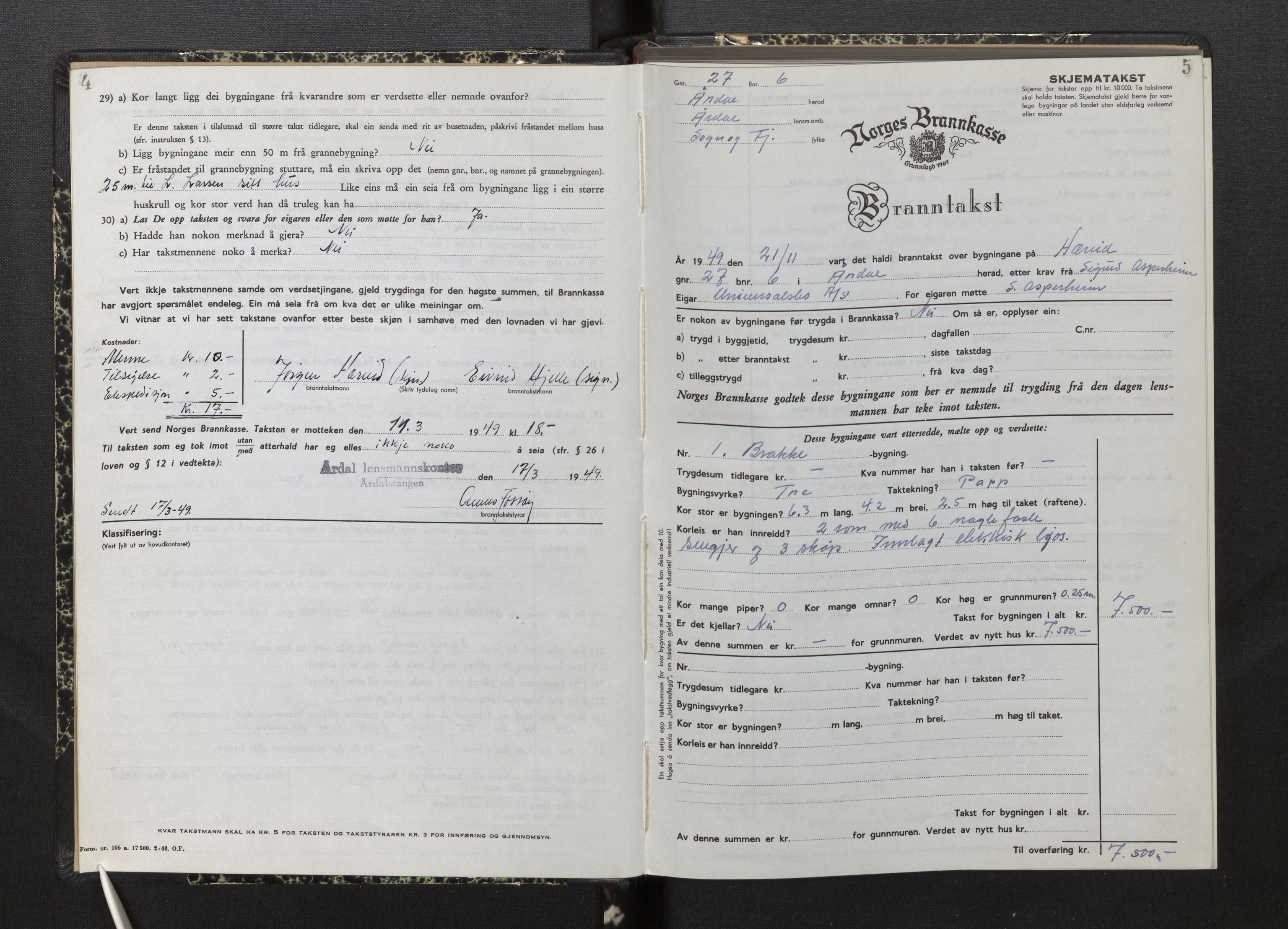 Lensmannen i Årdal, AV/SAB-A-30501/0012/L0012: Branntakstprotokoll, skjematakst, 1949-1955, p. 4-5