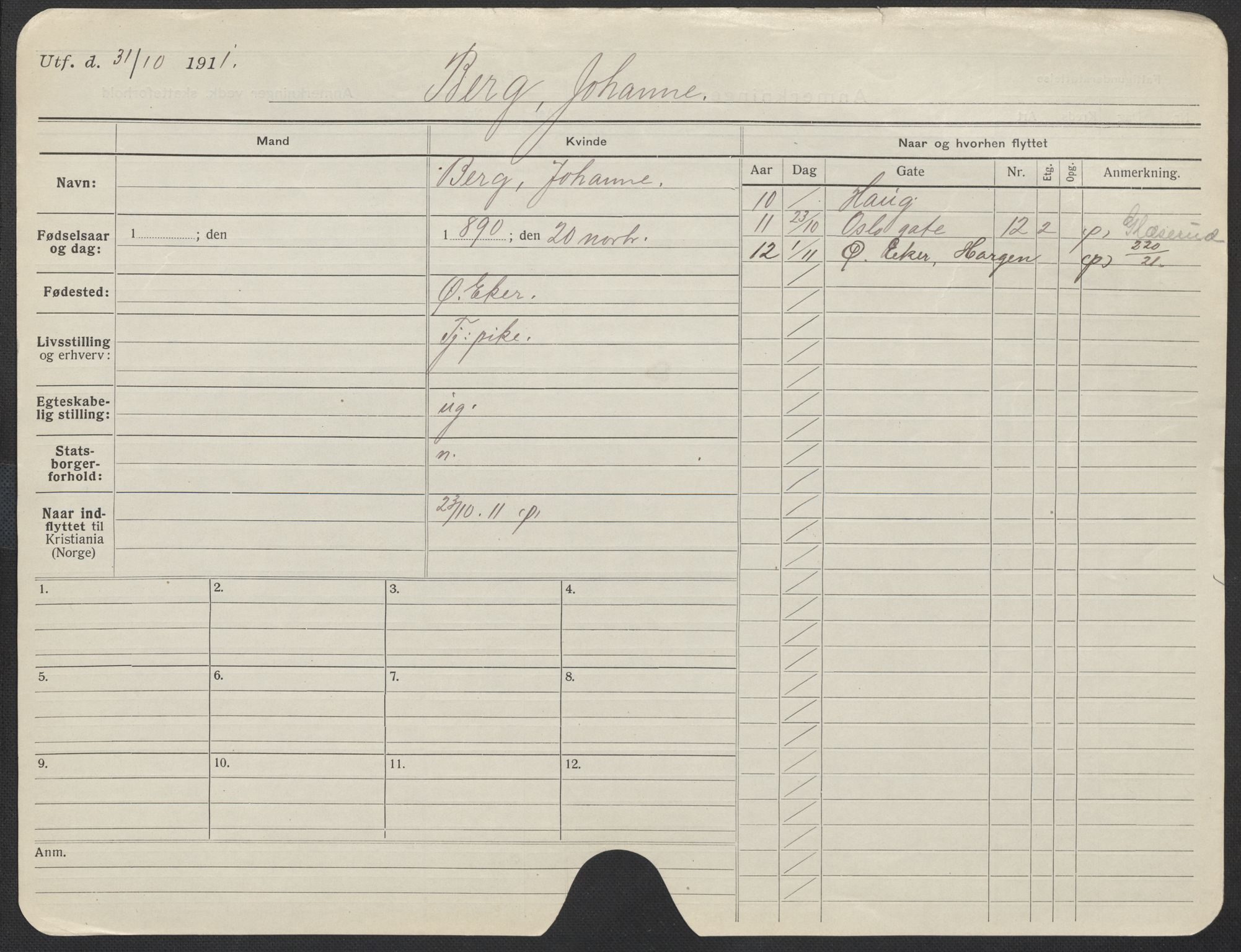 Oslo folkeregister, Registerkort, AV/SAO-A-11715/F/Fa/Fac/L0013: Kvinner, 1906-1914, p. 126a