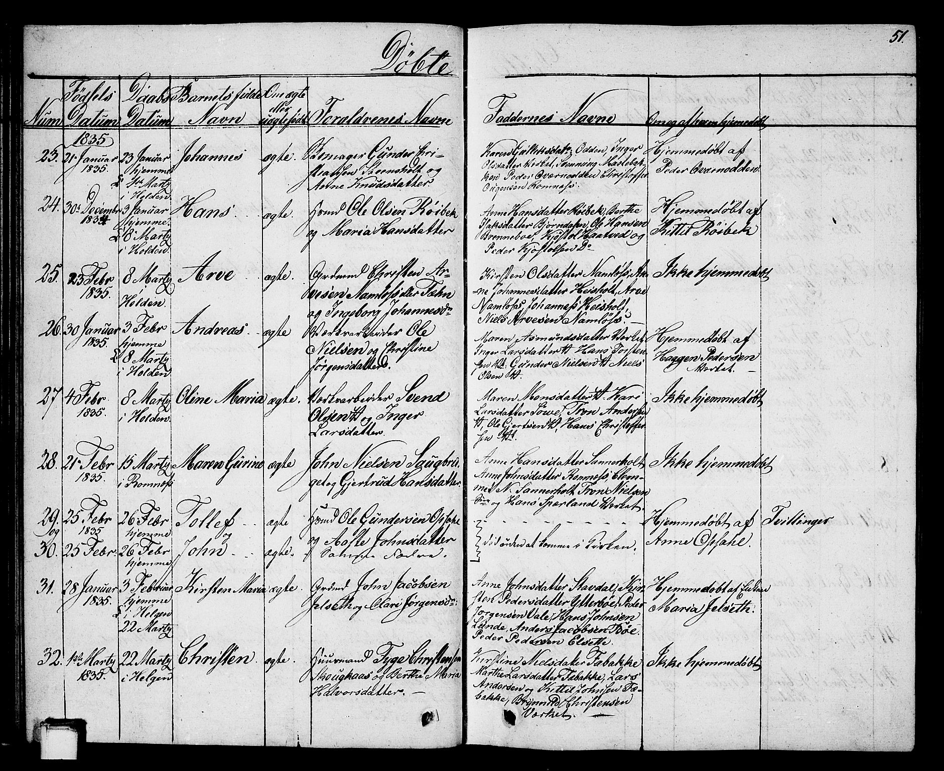 Holla kirkebøker, AV/SAKO-A-272/G/Ga/L0002: Parish register (copy) no. I 2, 1830-1848, p. 51