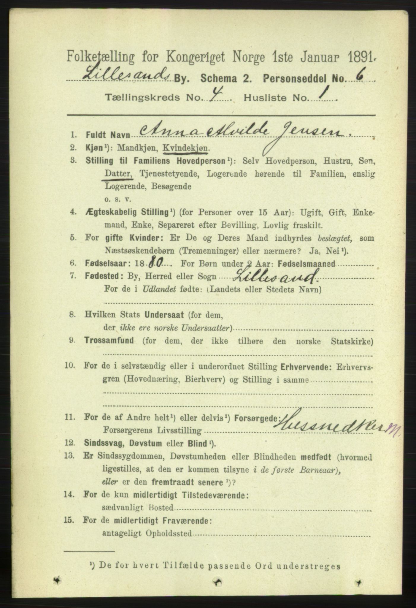 RA, 1891 census for 0905 Lillesand, 1891, p. 1070