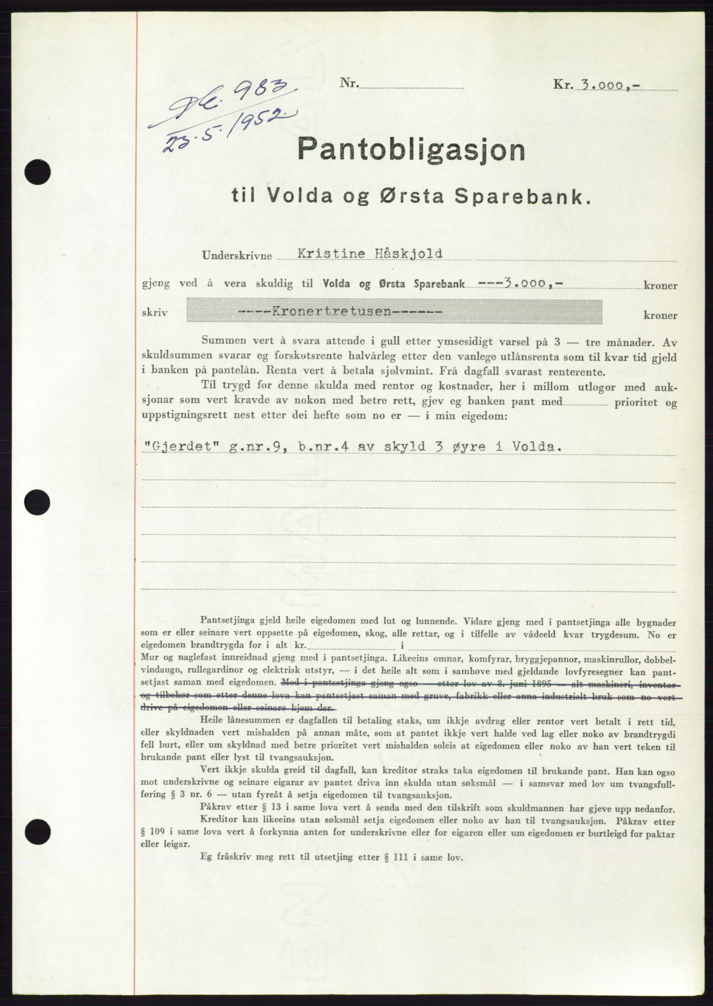 Søre Sunnmøre sorenskriveri, AV/SAT-A-4122/1/2/2C/L0121: Mortgage book no. 9B, 1951-1952, Diary no: : 983/1952