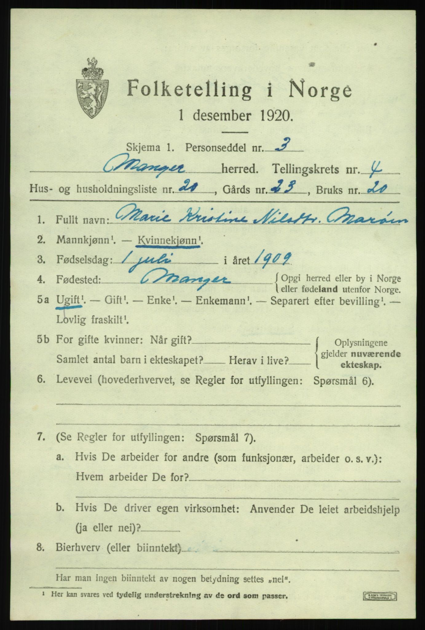 SAB, 1920 census for Manger, 1920, p. 3247