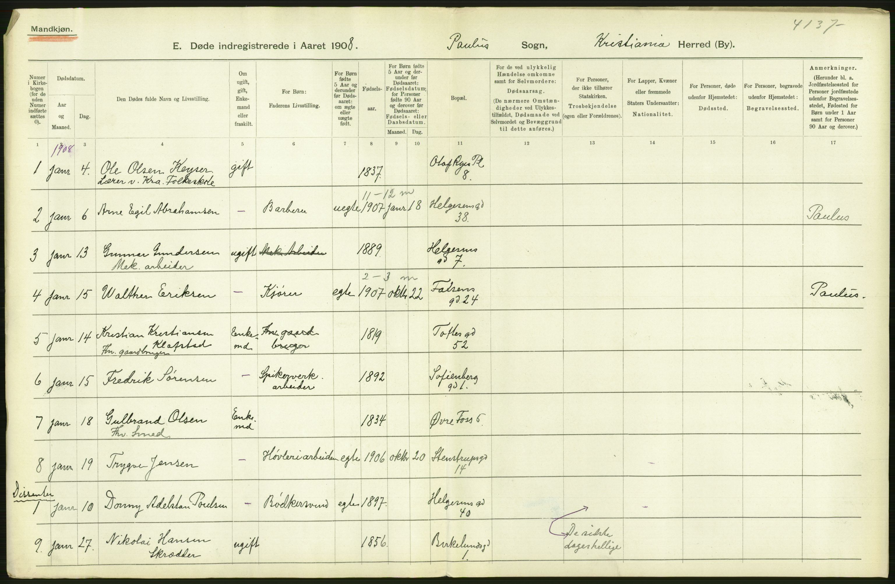 Statistisk sentralbyrå, Sosiodemografiske emner, Befolkning, AV/RA-S-2228/D/Df/Dfa/Dfaf/L0009: Kristiania: Døde, dødfødte., 1908, p. 346