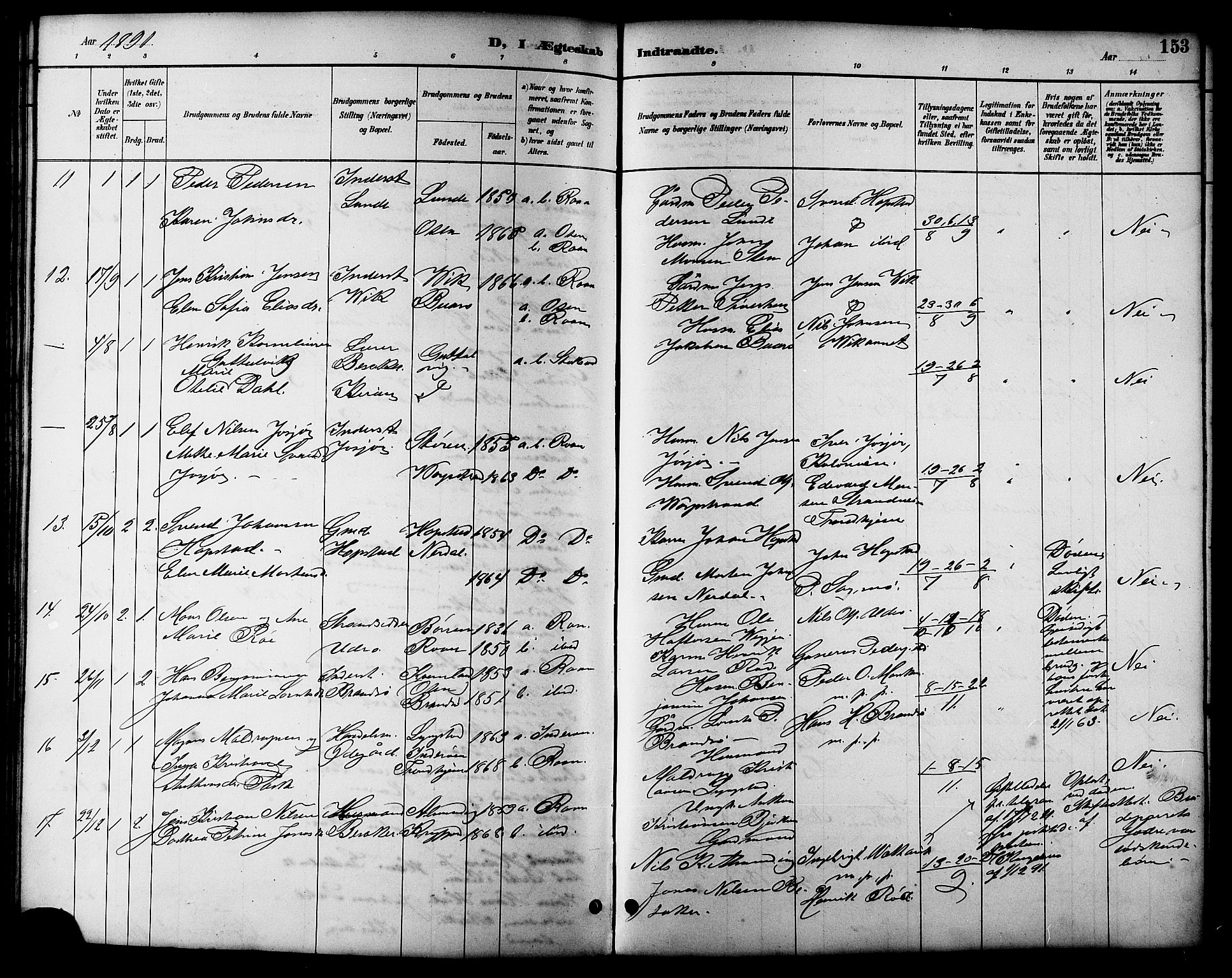 Ministerialprotokoller, klokkerbøker og fødselsregistre - Sør-Trøndelag, AV/SAT-A-1456/657/L0716: Parish register (copy) no. 657C03, 1889-1904, p. 153