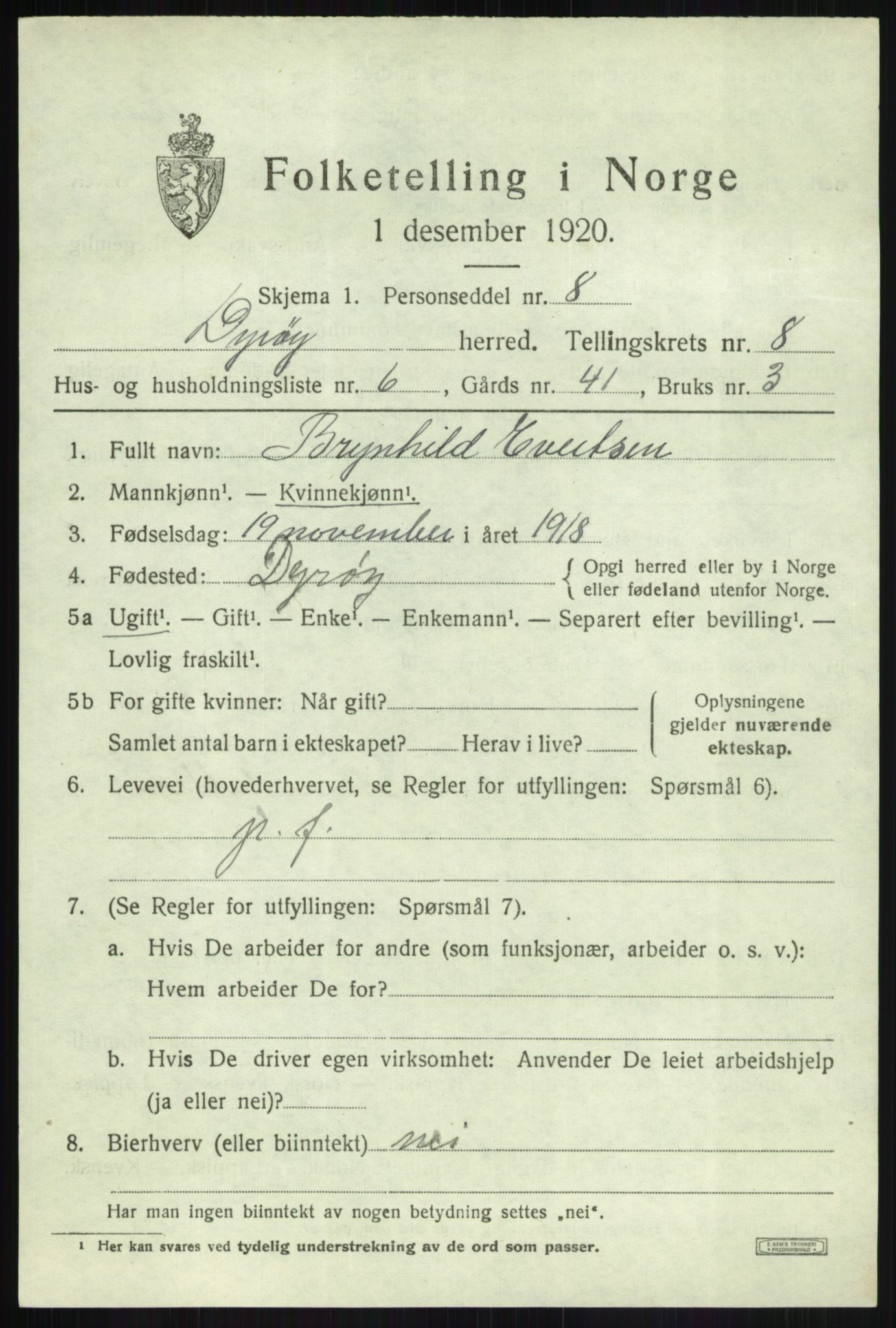 SATØ, 1920 census for Dyrøy, 1920, p. 4183