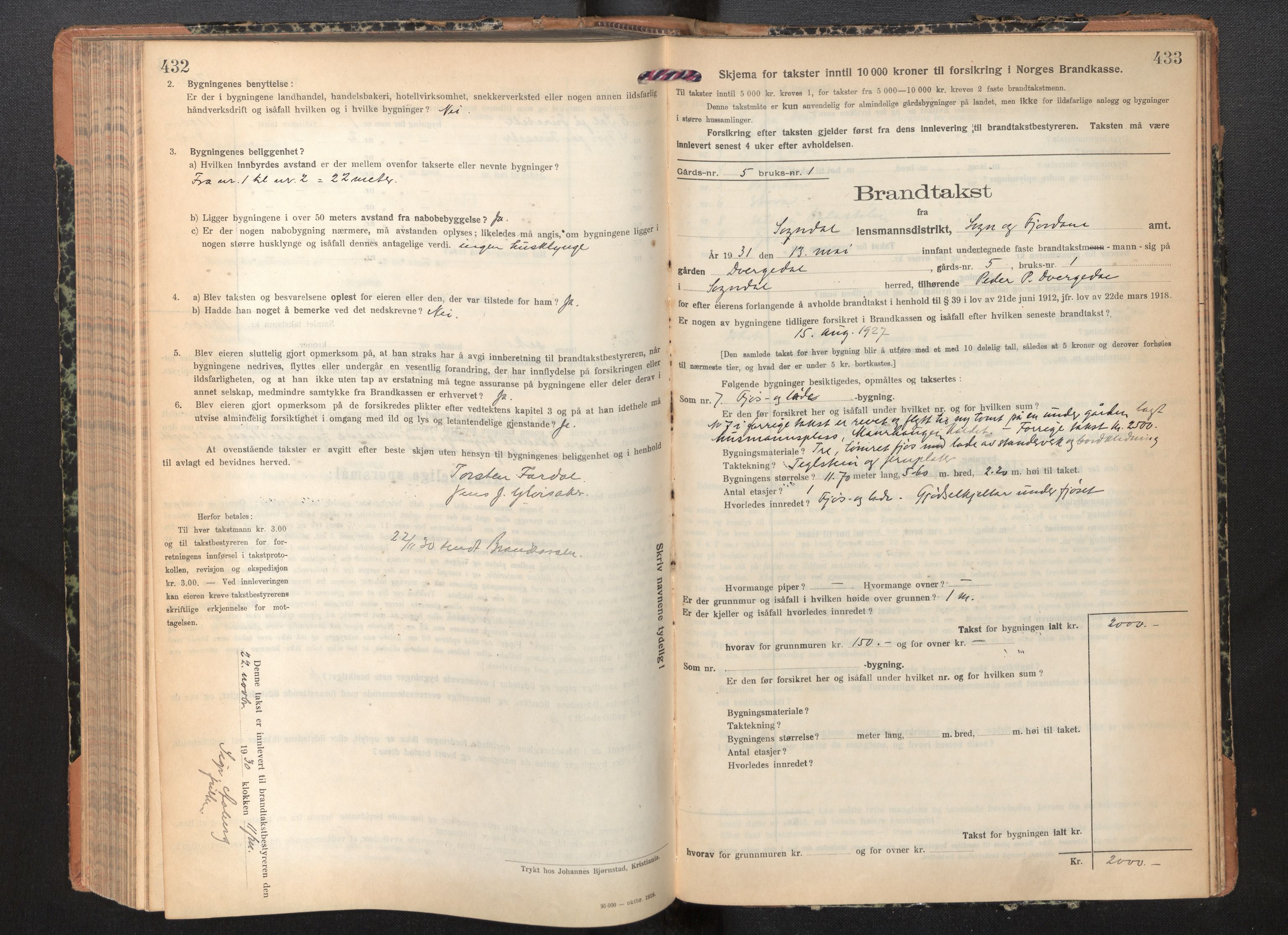 Lensmannen i Sogndal, SAB/A-29901/0012/L0012: Branntakstprotokoll, skjematakst, 1922-1931, p. 432-433