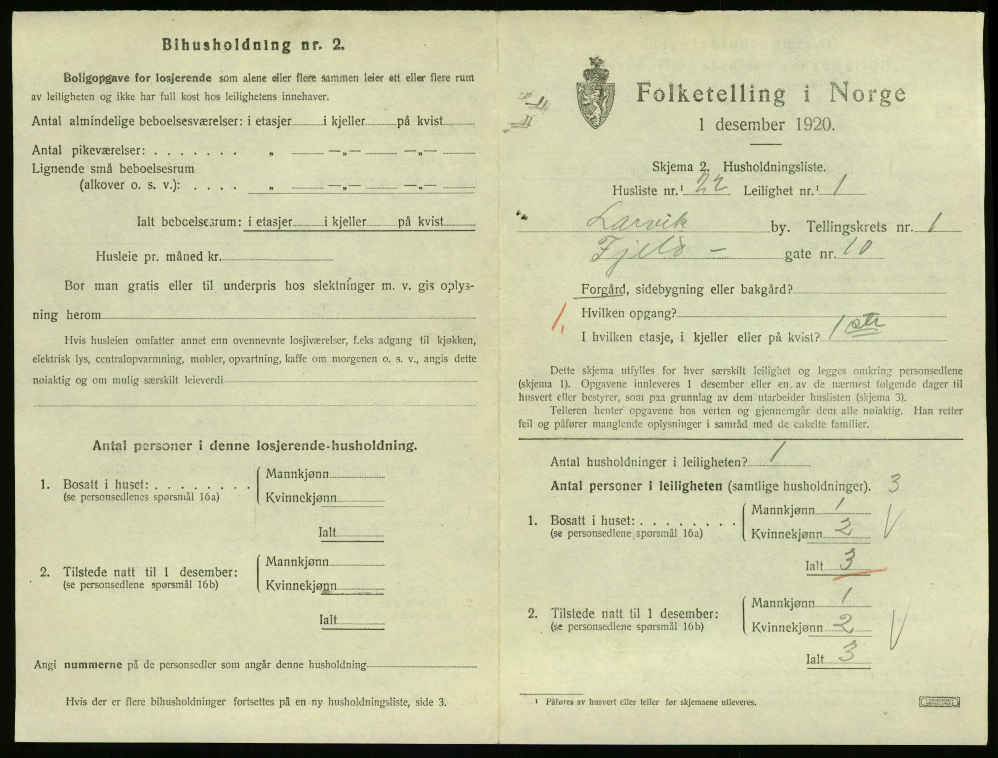 SAKO, 1920 census for Larvik, 1920, p. 3098