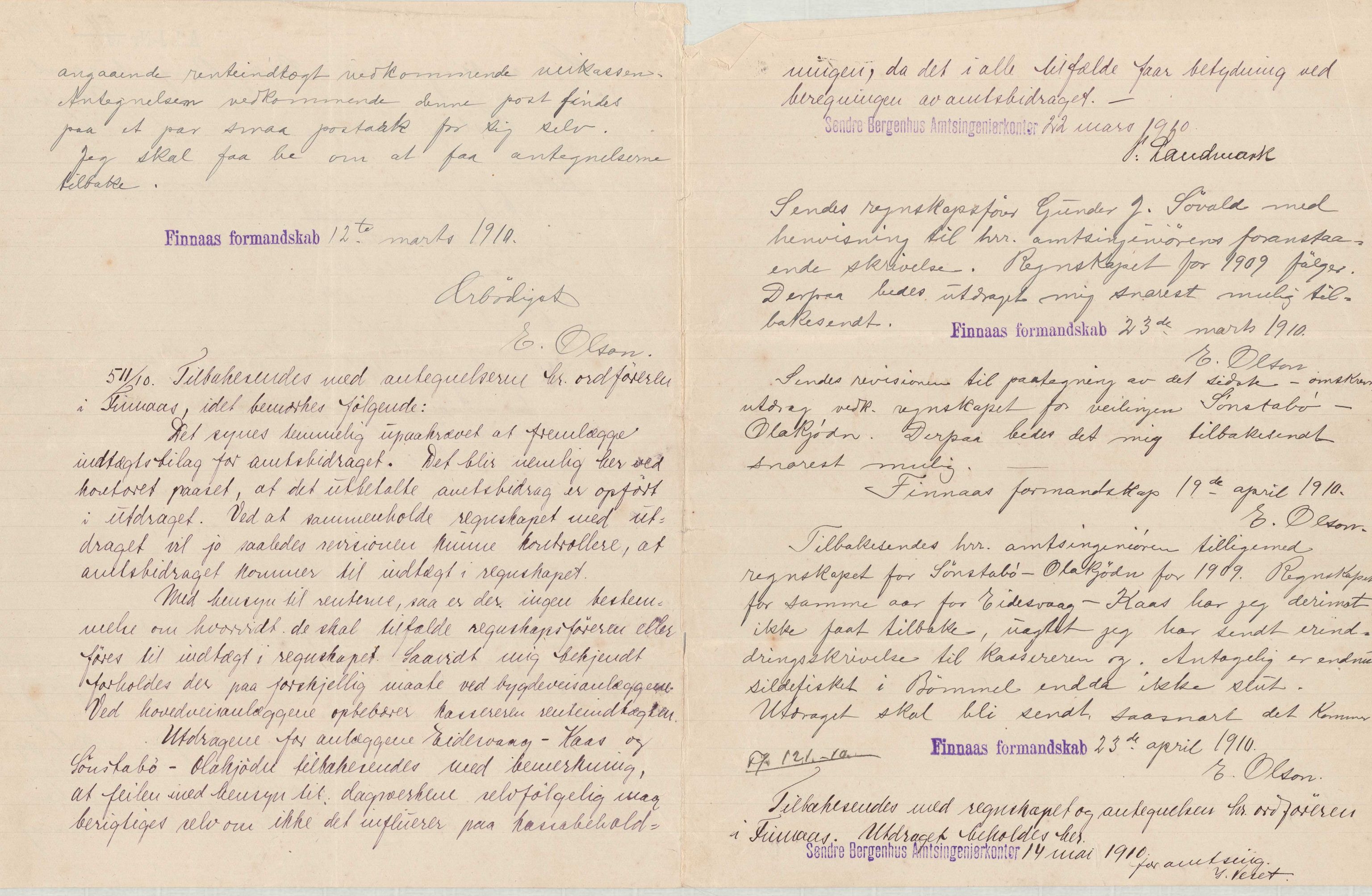 Finnaas kommune. Formannskapet, IKAH/1218a-021/E/Ea/L0001/0006: Rekneskap for veganlegg / Rekneskap for veganlegget Sønstabø - Olakjødn, 1909-1914, p. 9