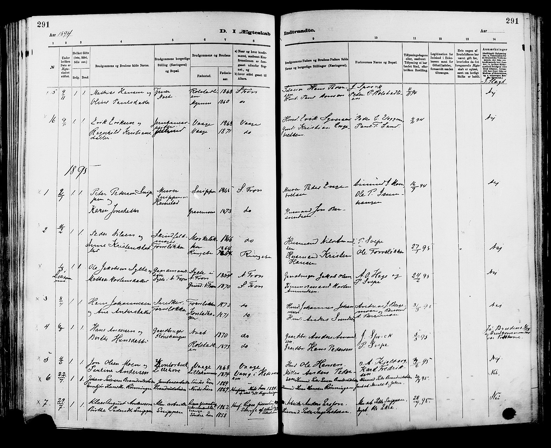 Sør-Fron prestekontor, AV/SAH-PREST-010/H/Ha/Haa/L0003: Parish register (official) no. 3, 1881-1897, p. 291