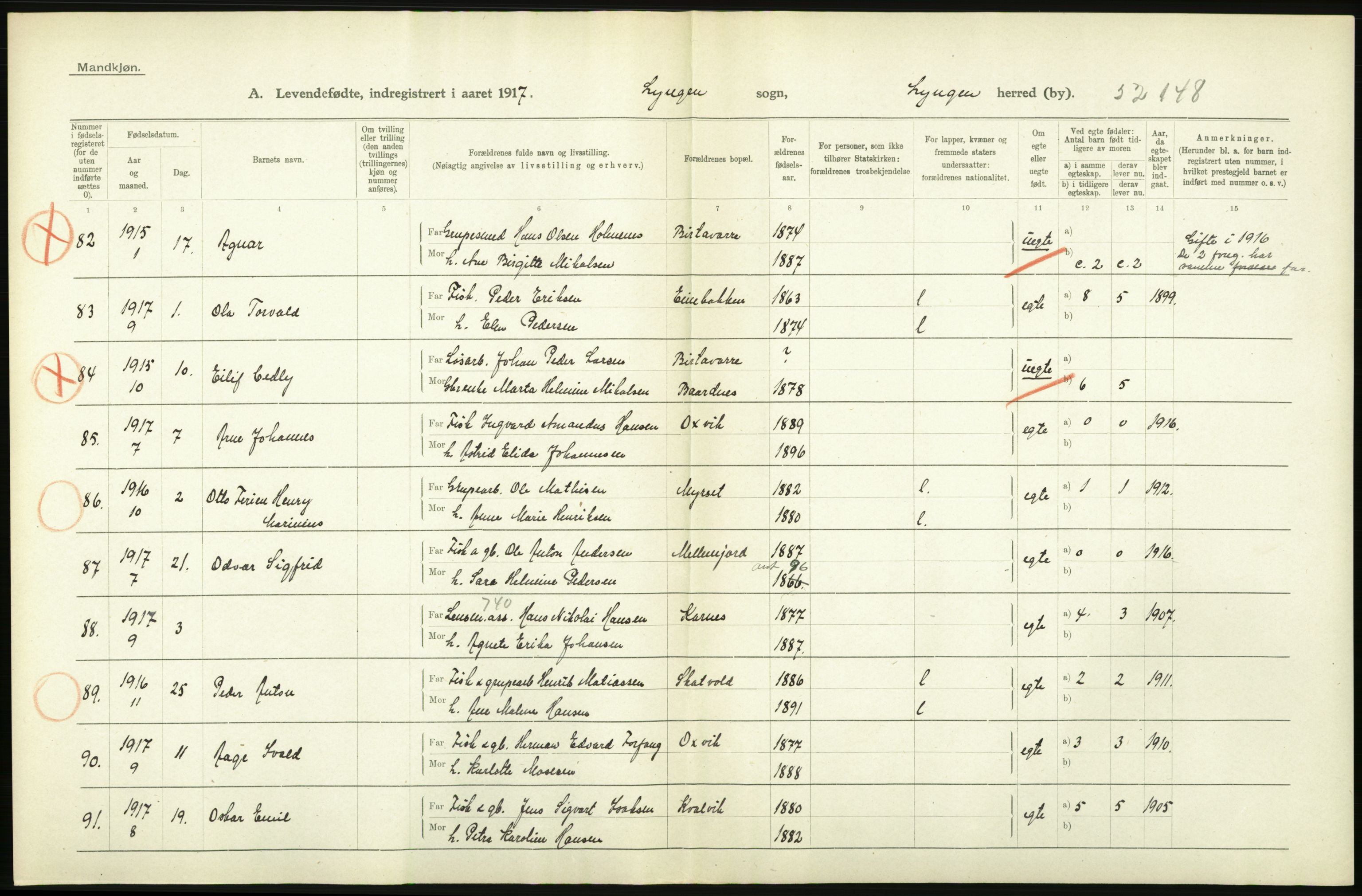 Statistisk sentralbyrå, Sosiodemografiske emner, Befolkning, AV/RA-S-2228/D/Df/Dfb/Dfbg/L0053: Tromsø amt: Levendefødte menn og kvinner. Bygder og byer., 1917, p. 218