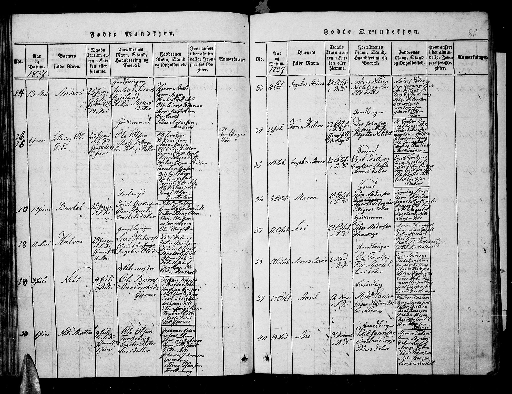 Søndeled sokneprestkontor, SAK/1111-0038/F/Fb/L0002: Parish register (copy) no. B 2, 1816-1839, p. 85