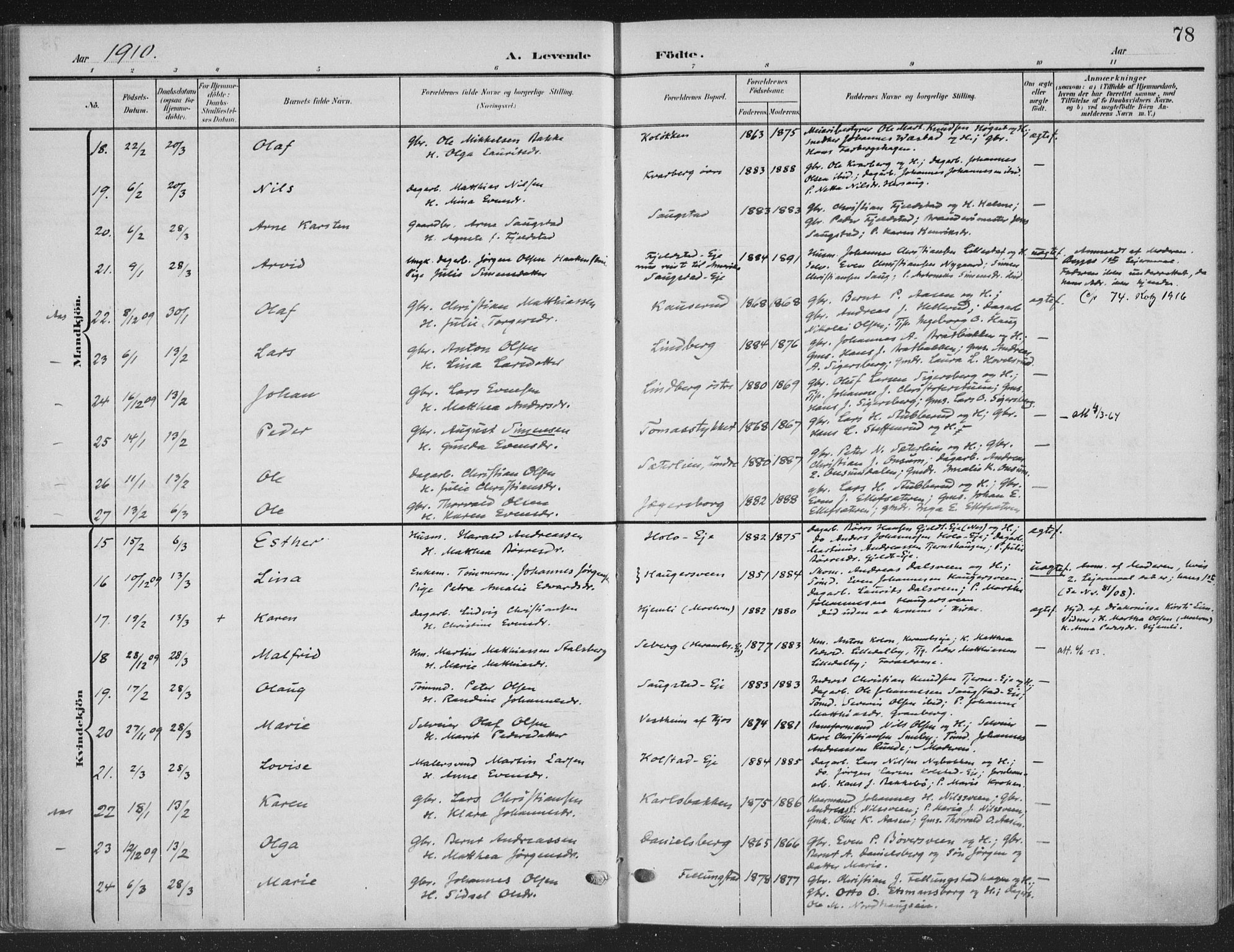 Ringsaker prestekontor, AV/SAH-PREST-014/K/Ka/L0018: Parish register (official) no. 18, 1903-1912, p. 78