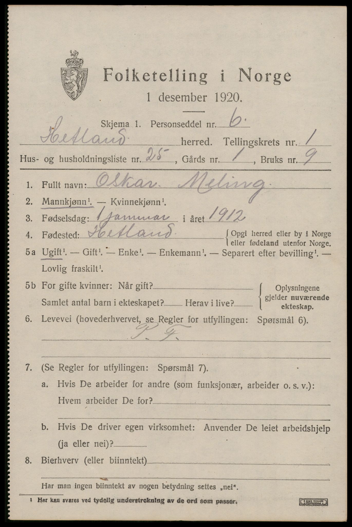 SAST, 1920 census for Hetland, 1920, p. 3835