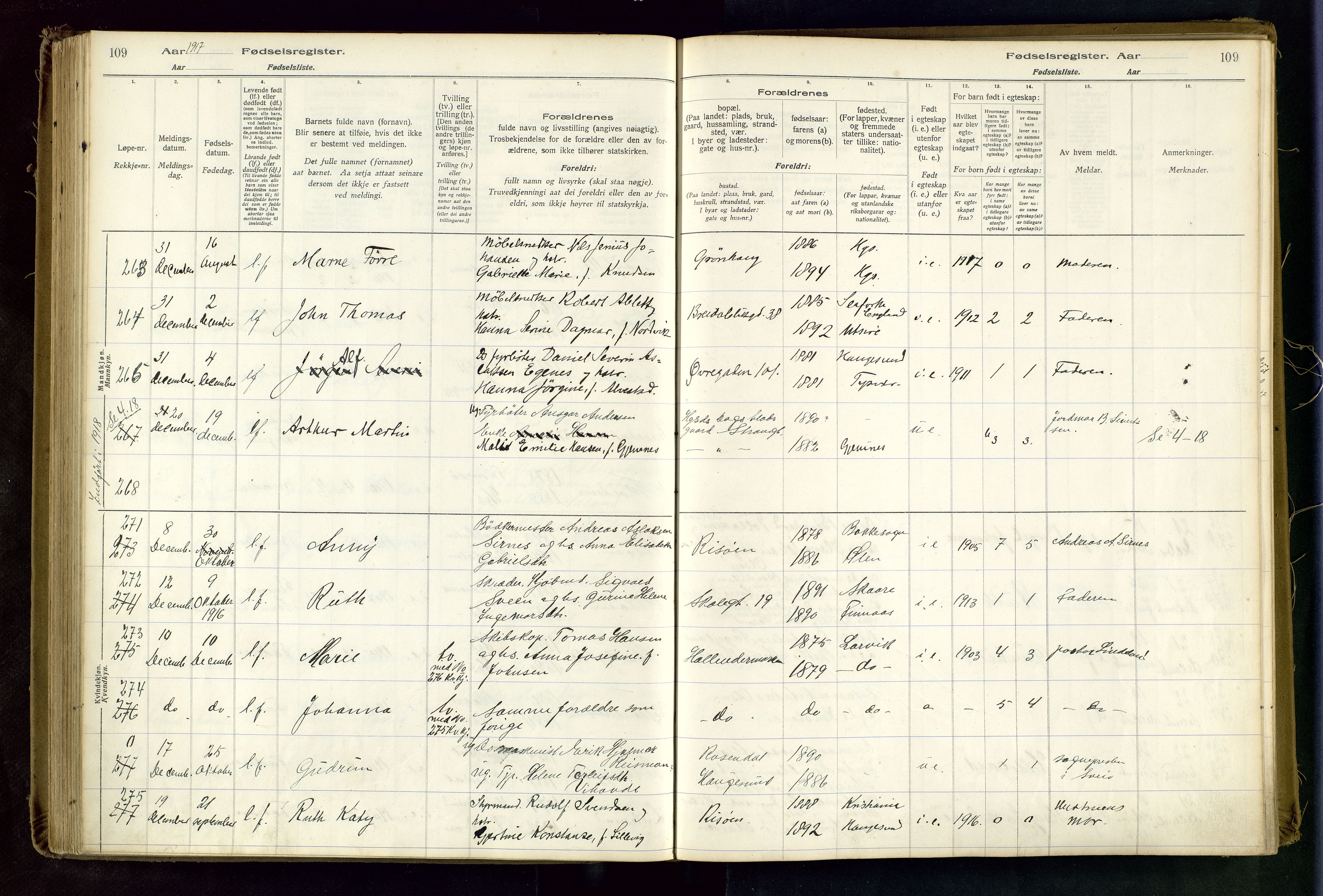 Haugesund sokneprestkontor, AV/SAST-A -101863/I/Id/L0003: Birth register no. 1, 1916-1919, p. 109