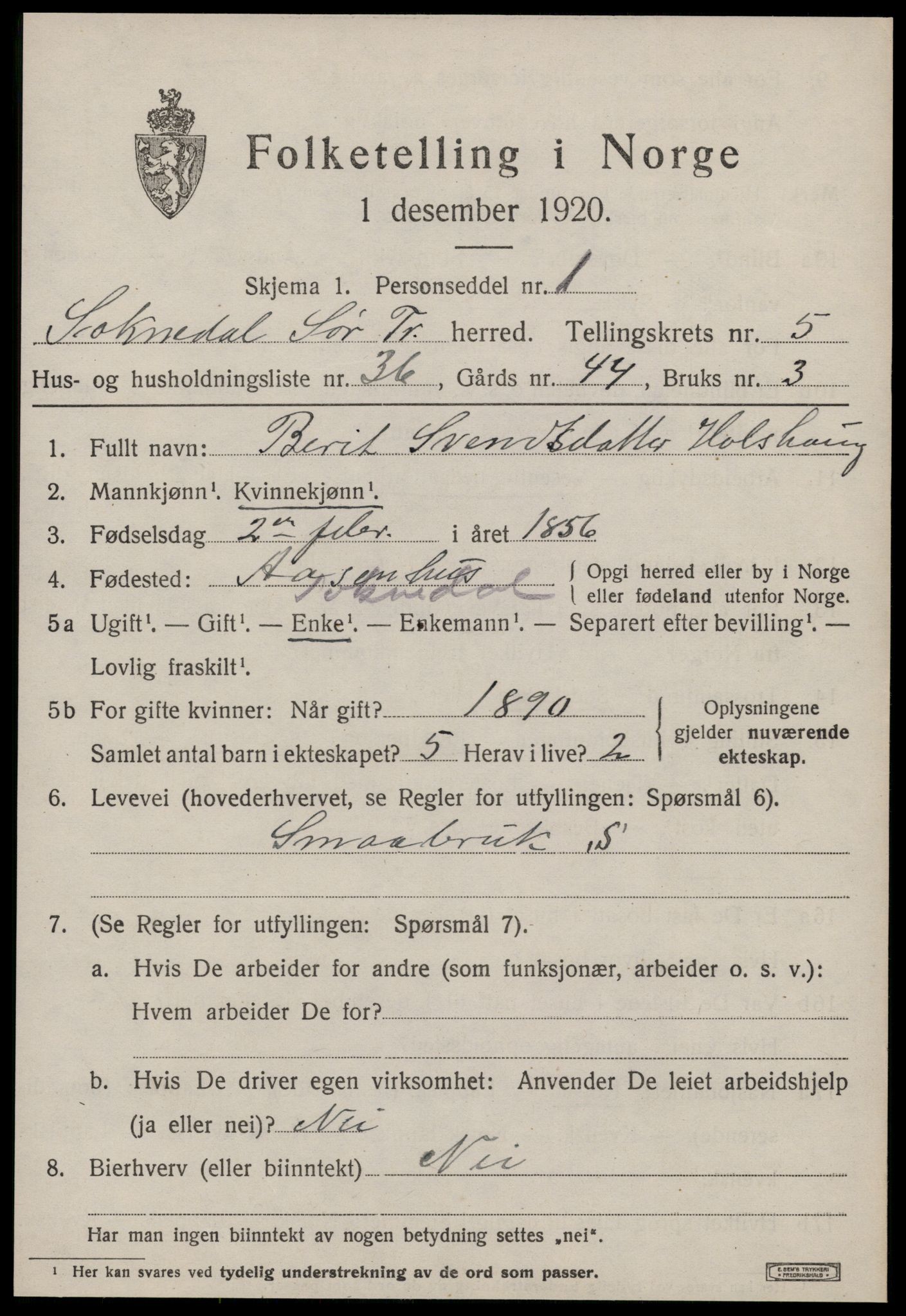 SAT, 1920 census for Soknedal, 1920, p. 3052