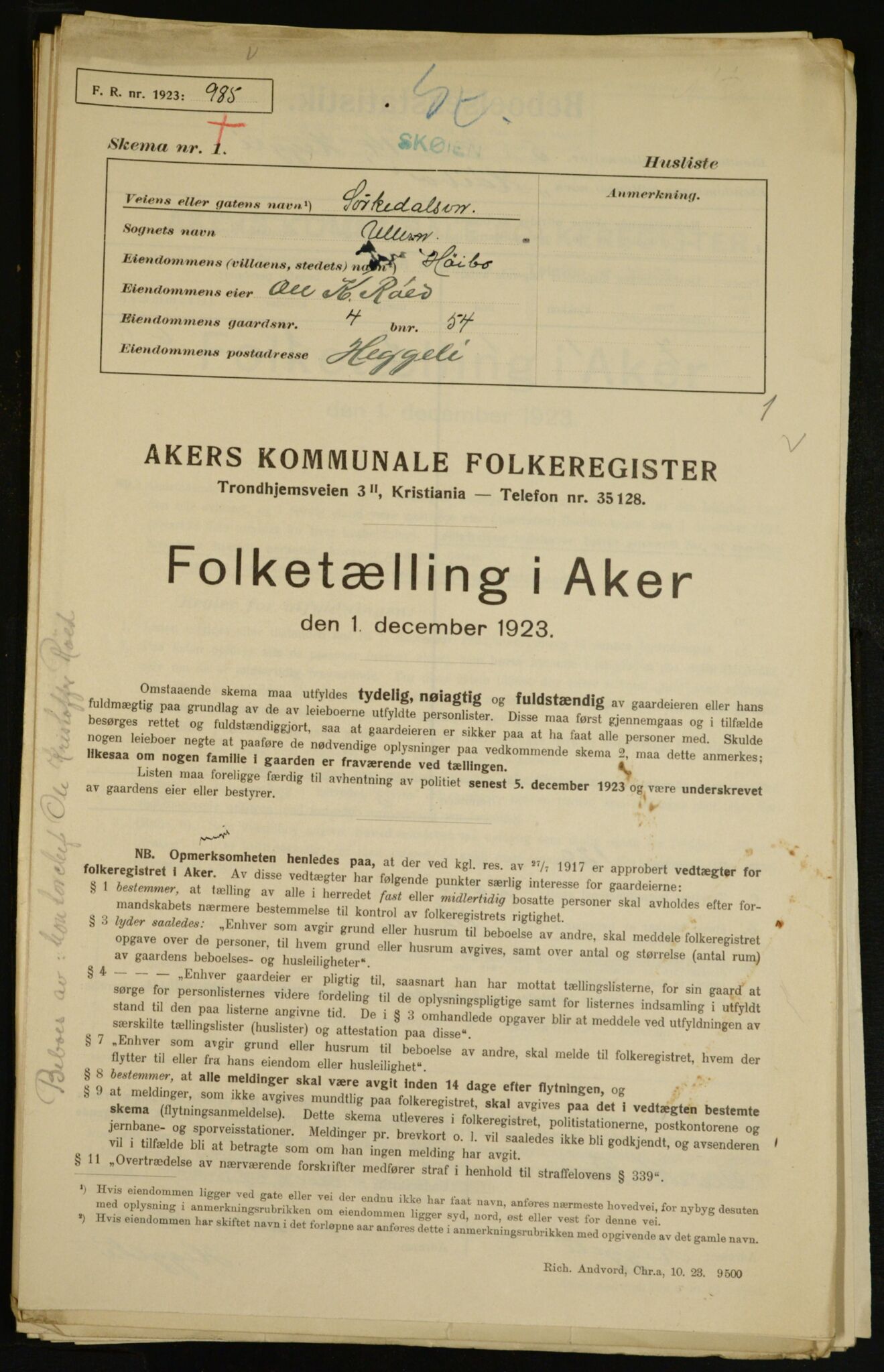 , Municipal Census 1923 for Aker, 1923, p. 6048