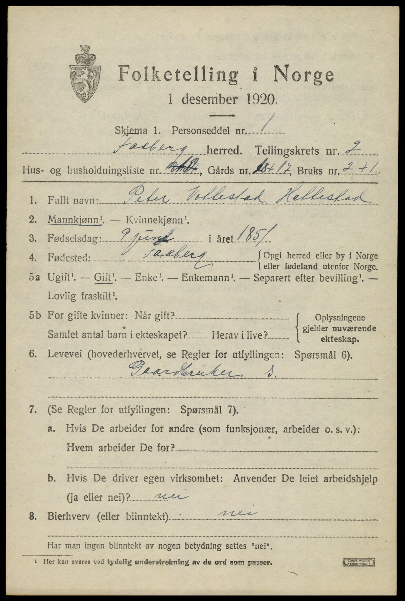 SAH, 1920 census for Fåberg, 1920, p. 3374