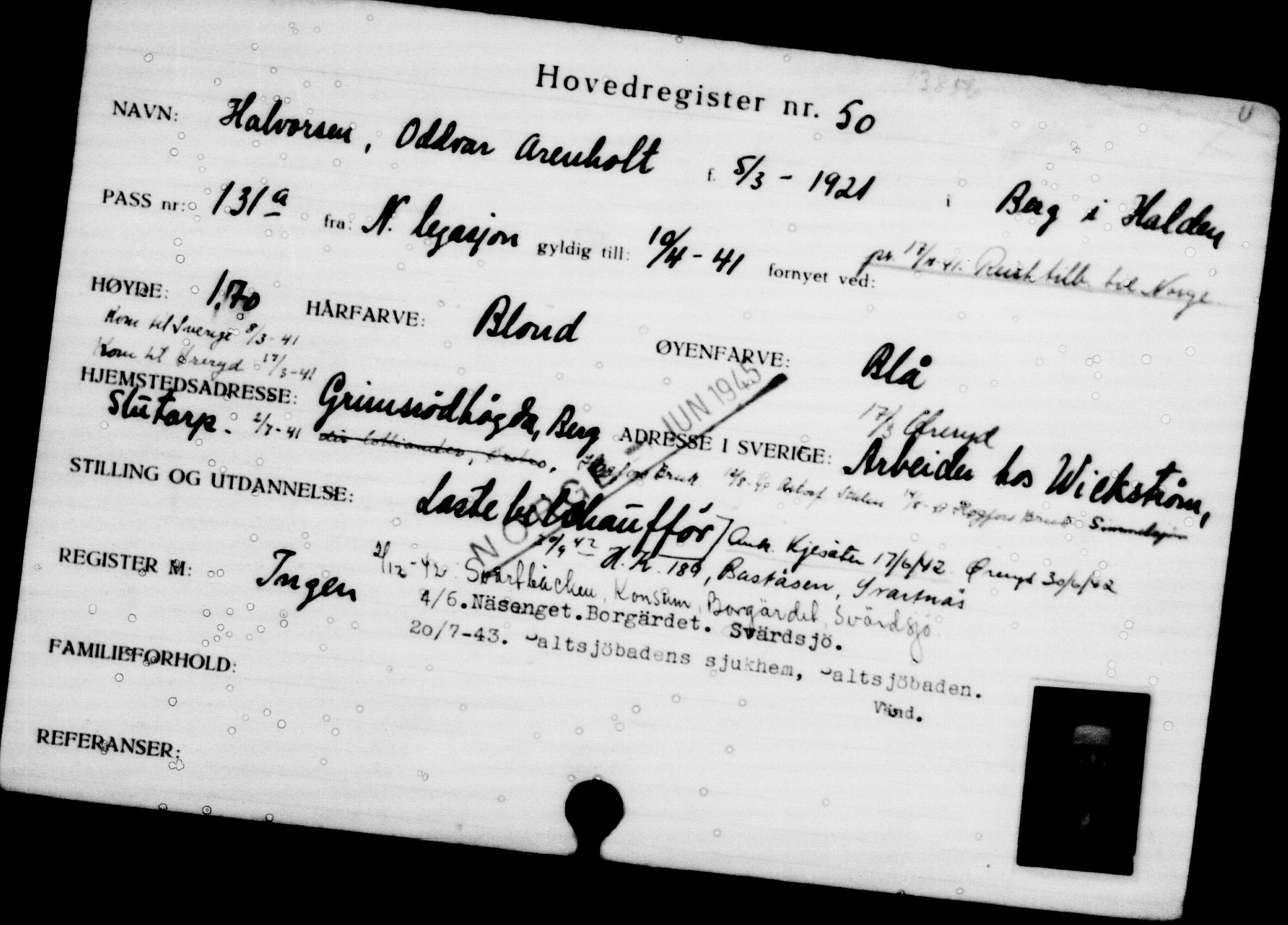 Utenriksstasjonene, Legasjonen i Stockholm, Flyktningkontoret, AV/RA-S-6753/V/Va/L0001: Kjesäterkartoteket, flyktninger med registreringsnr. 1-1000, 1940-1945, p. 86