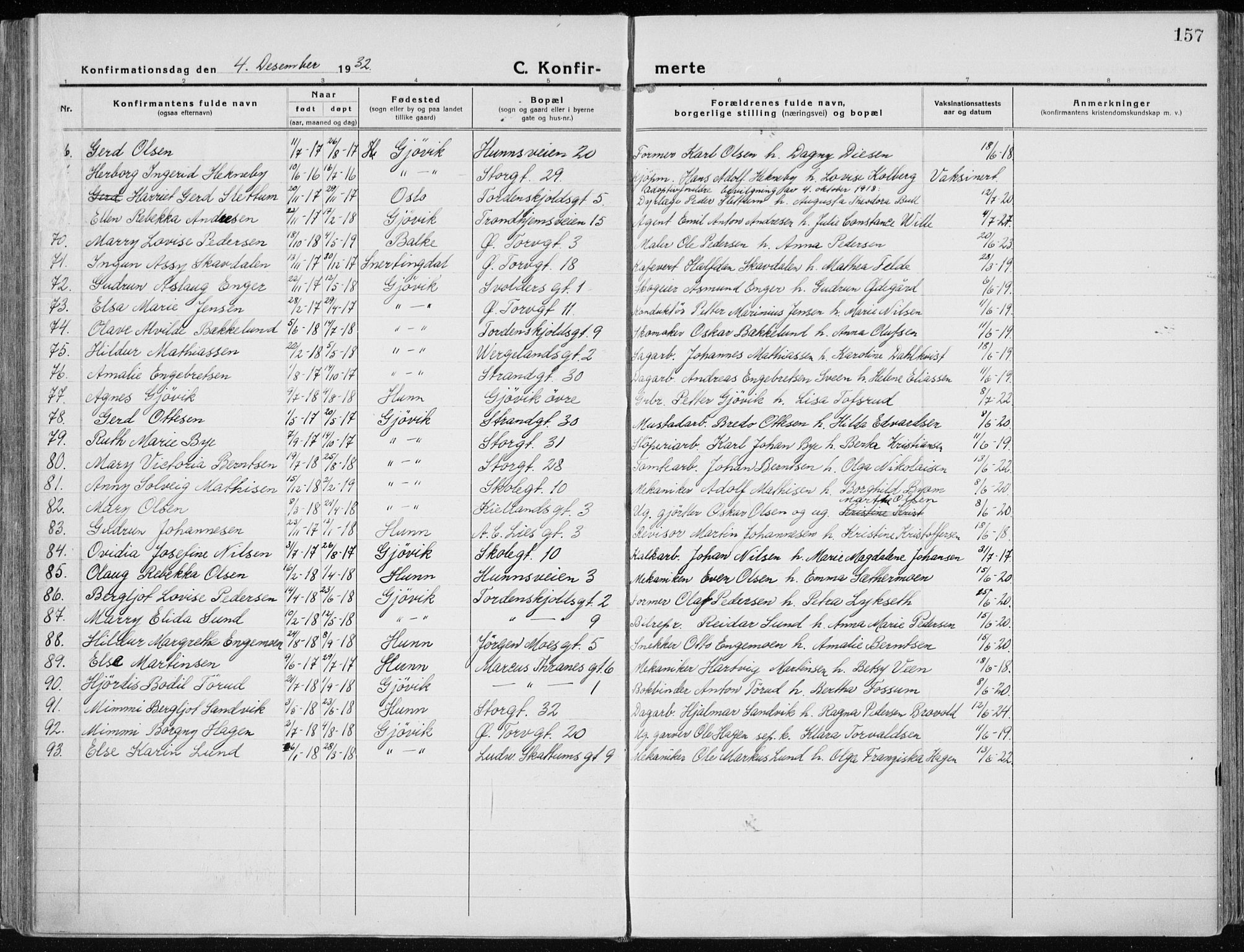 Vardal prestekontor, SAH/PREST-100/H/Ha/Haa/L0015: Parish register (official) no. 15, 1923-1937, p. 157